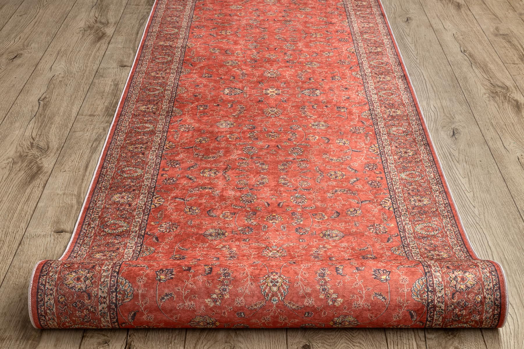 rugsx Tapis Antidérapant Lotus Tradition 58160 Classique, Ornement Rouge - Lavable - 80x400 cm - Tapis de Couloir Antiglisse pour Cuisine et Entrée