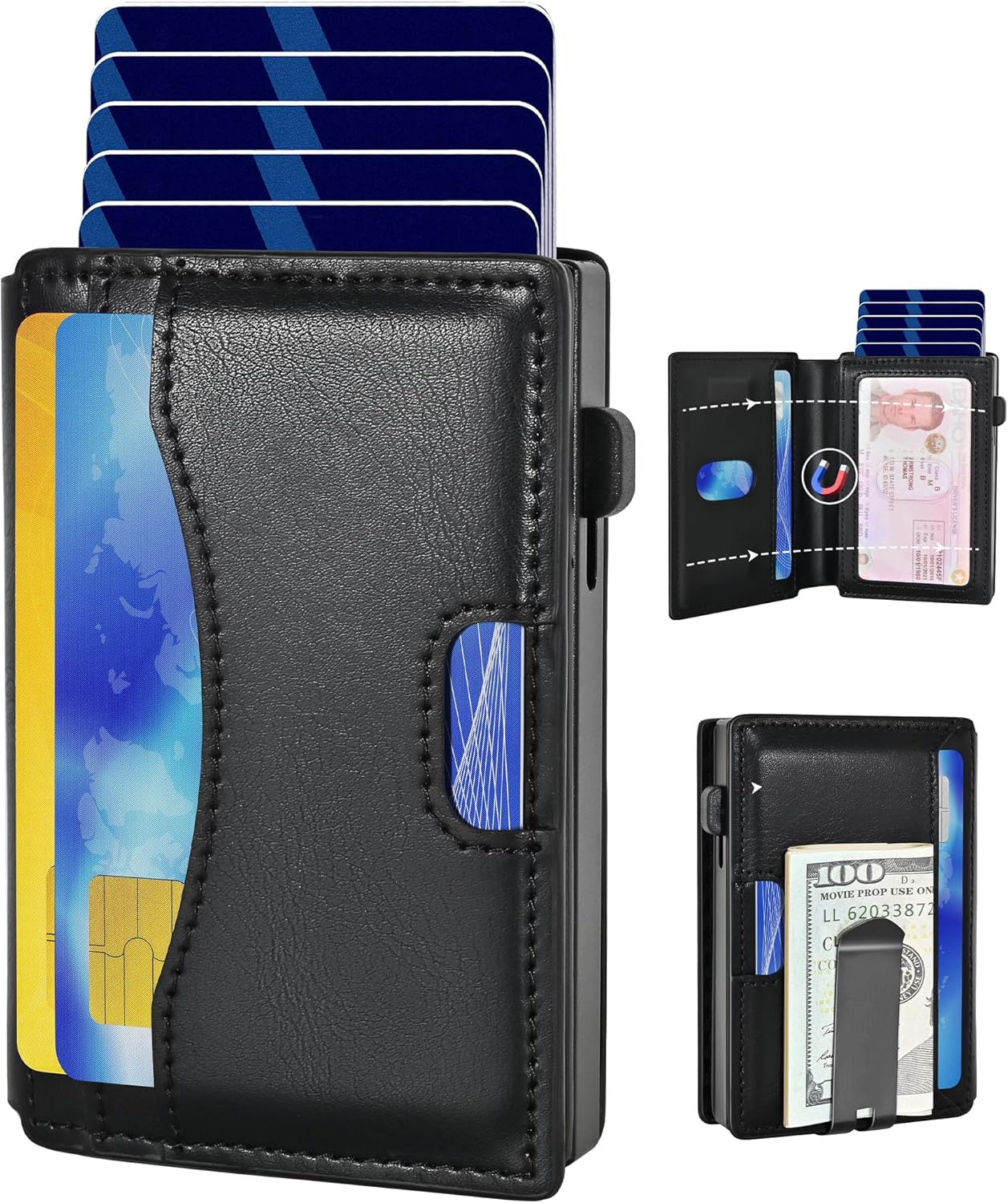 Simple Toggle Wallet for Men,Mens Slim Minimalist Wallet Card Holder,RFID Blocking Smart Pop up Wallet with Money Clip&ID Window,Bifold Metal Compact Wallet, Aluminum Credit Card Case Wallet