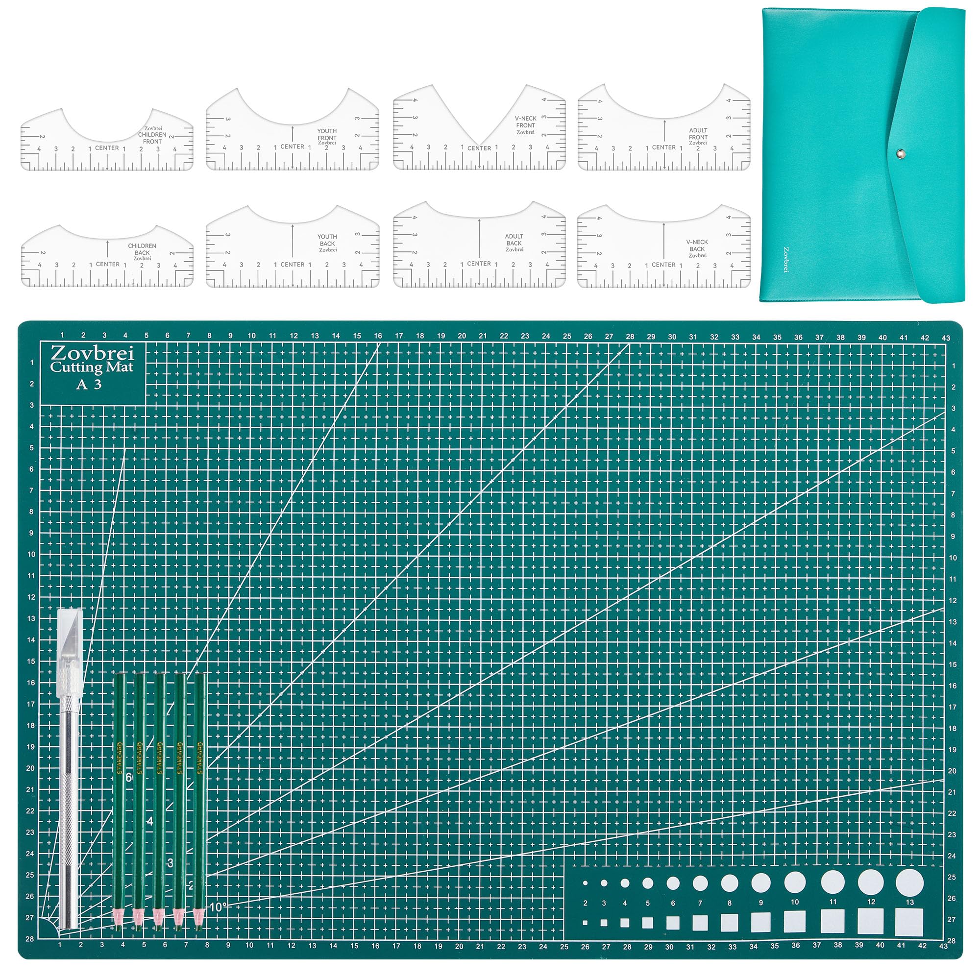 13-Piece Quilting & Sewing Set – 8 Acrylic Rulers, A3 Cutting Mat, 28mm Rotary Cutter, T-Shirt Alignment Tool Set China Marker, Tape Measure, PU Bag –