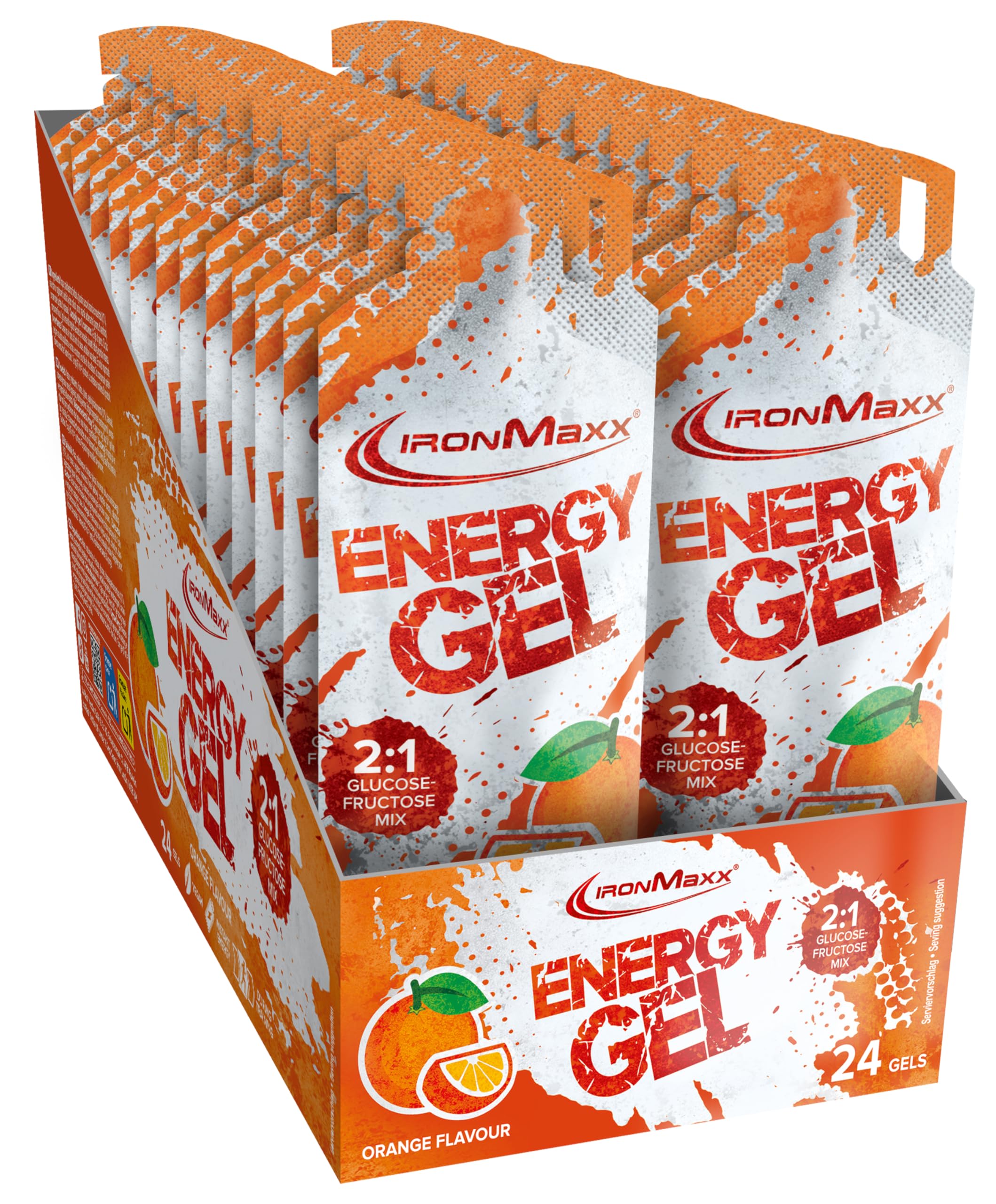 IronMaxx Energy Gel – Orange 24x67 ml | Con 25 g de carbohidratos y 200 mg de sodio por porción | Ideal para esfuerzos físicos intensos | Práctico para llevar a cualquier parte