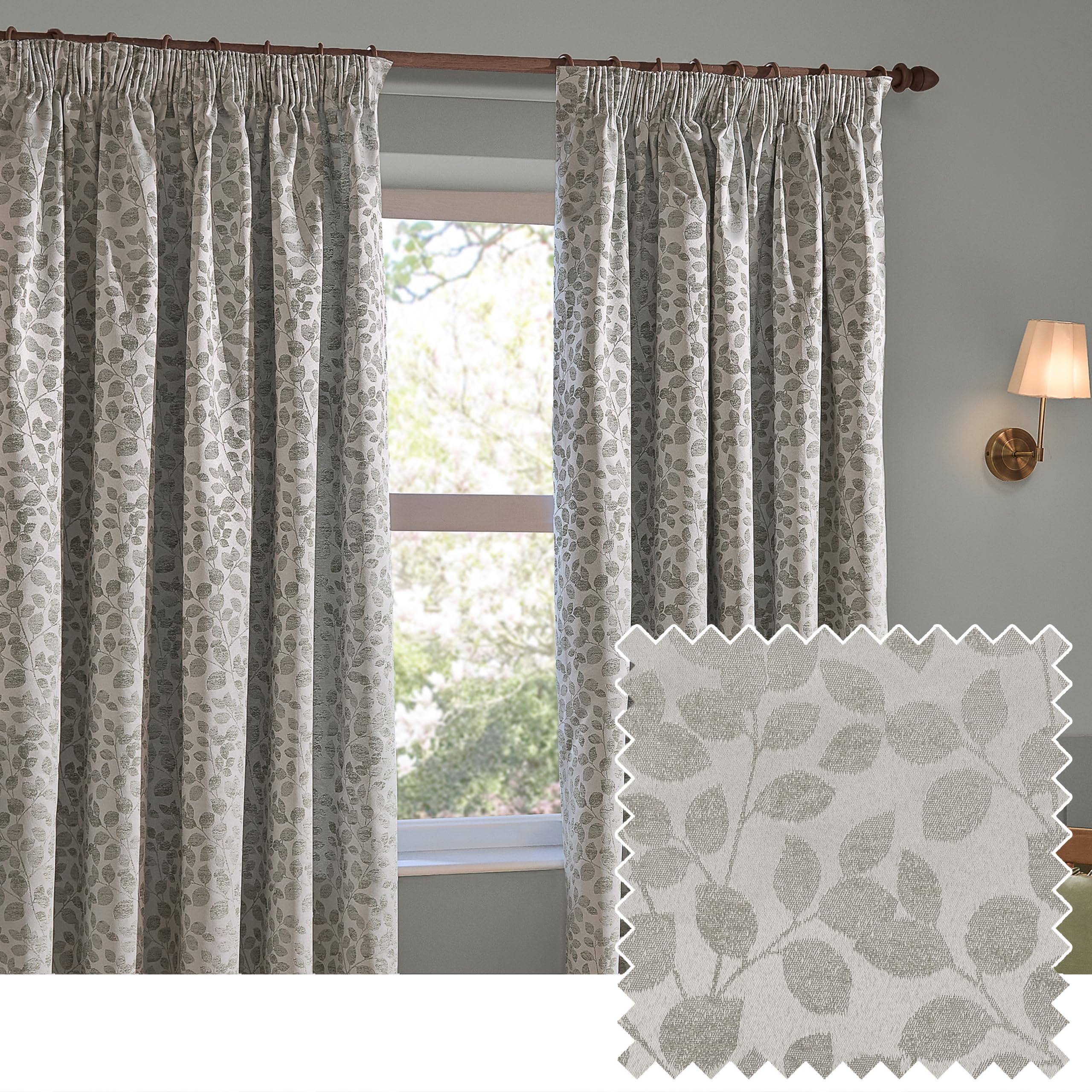 Wylder Unisex Grey Grace Leaf Jacquard Fully Lined Pencil Pleat Curtain Pair In | Size: 117Cm Width X 137Cm Drop