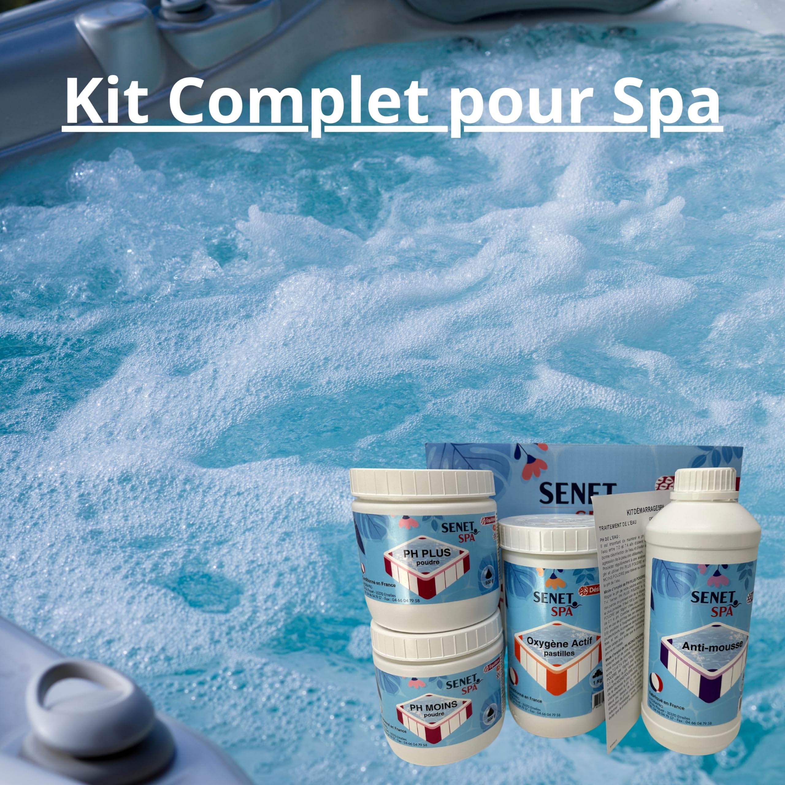 Kit Complet de Traitement pour Spa - Anti-Mousse, Régulateurs de pH et Oxygène Choc - Idéal pour Mise en Route et Entretien, Fabriqué en France
