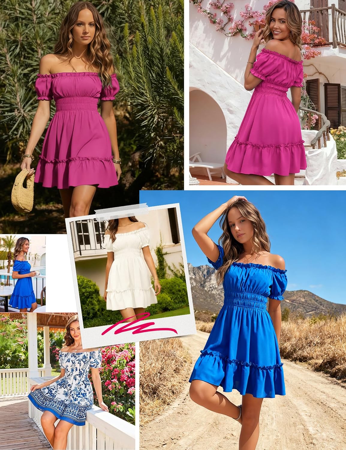 Amoretu Women's Summer Off The Shoulder Dress Smocked Waist Mini Sundress with Pockets, Wedding Guest, Vacation, Garden Party - Image 6