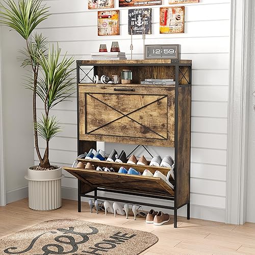 Miniatura 4 de Maupvit Armario de almacenamiento de zapatos con 2 cajones abatibles con patas de metal, estantes ajustables, almacenamiento oculto de zapatos para