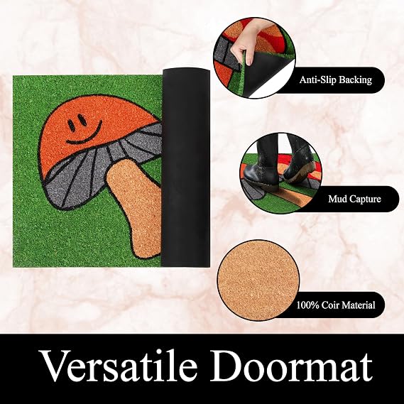 A1HC Natural Coco Coir Door Mat Dancing Mushroom Doormat with Heavy Duty Non-Slip PVC Backing - 18 x 30 - Easy to Clean, Welcome Mat for Home, Low-Profile Durable Doormat