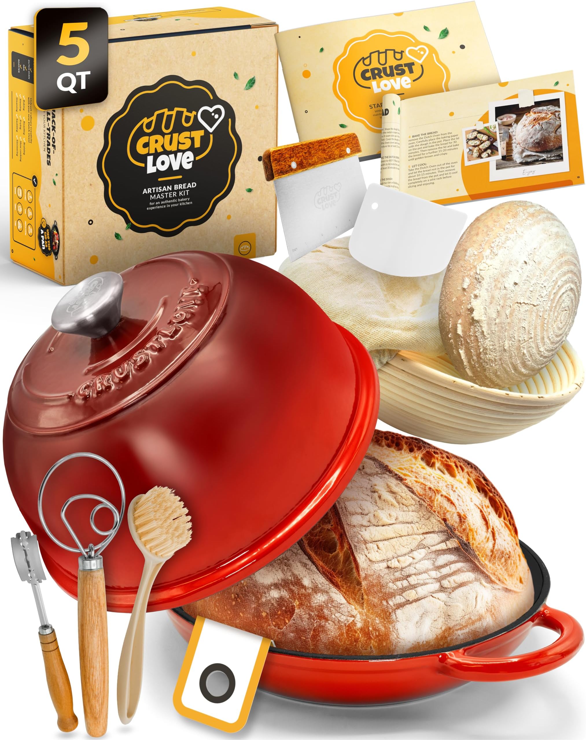 CRUSTLOVE Dutch Oven Bread Baking - 5QT Enamel Bread-Oven - incl Sourdough Bread-Baking Suppliers like Dough Whisk Scoring Lame etc Bread-Dome Cast Iron Bread-Pan with Lid for Sour dough, Bread-making