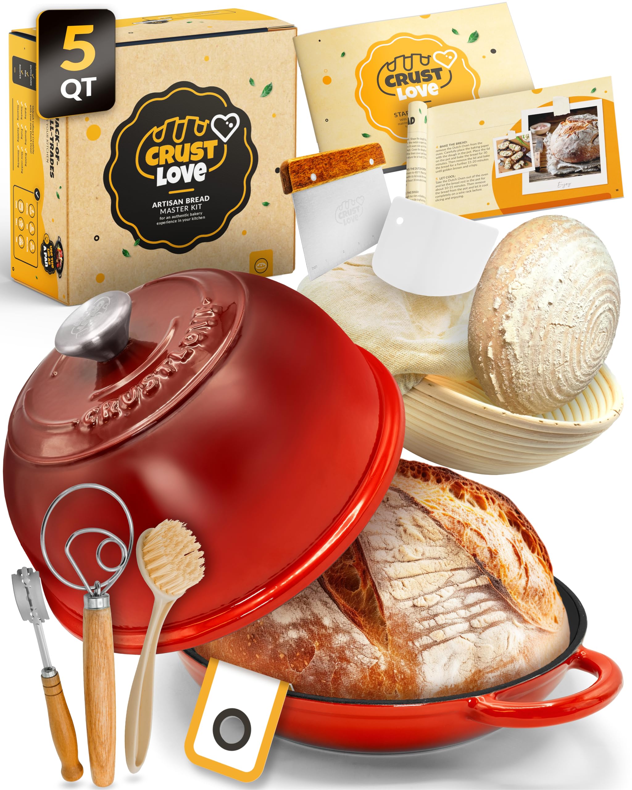 Dutch Oven Bread Baking - 5QT Enamel Bread-Oven - incl Sourdough Bread-Baking Suppliers like Dough Whisk Scoring Lame etc Bread-Dome Cast Iron Bread-Pan with Lid for Sour dough, Bread-making