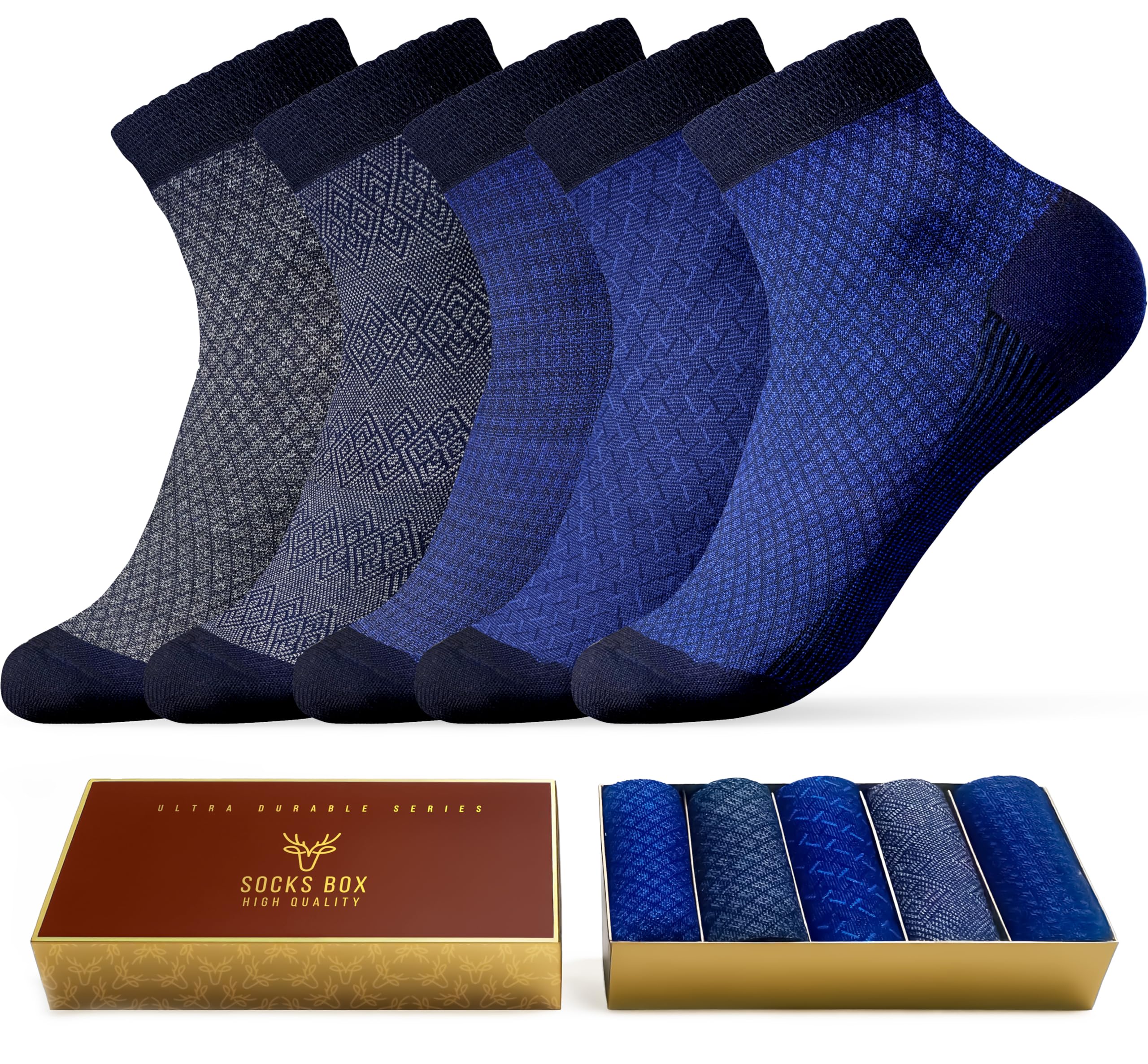Mens Ankle Socks, Premium Quality Bamboo Rayon Ankle Socks, Patterned, 5 Pairs, Gift Box, Size 8-14