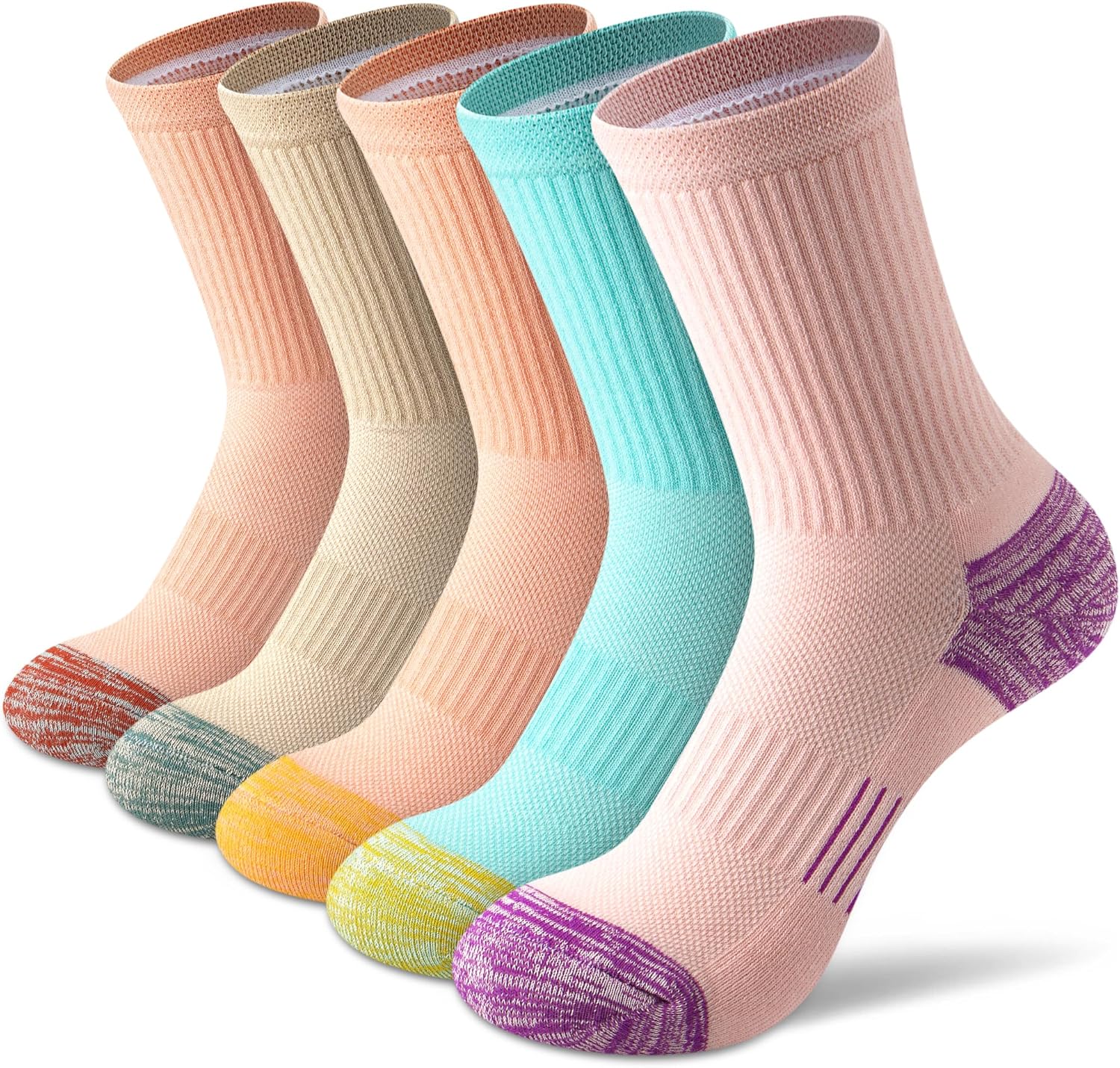 Gonii Performance Cushioned Crew Socks for Running and Hiking - Anti-Blister Arch Support Athletic Socks for Women 5 Pairs