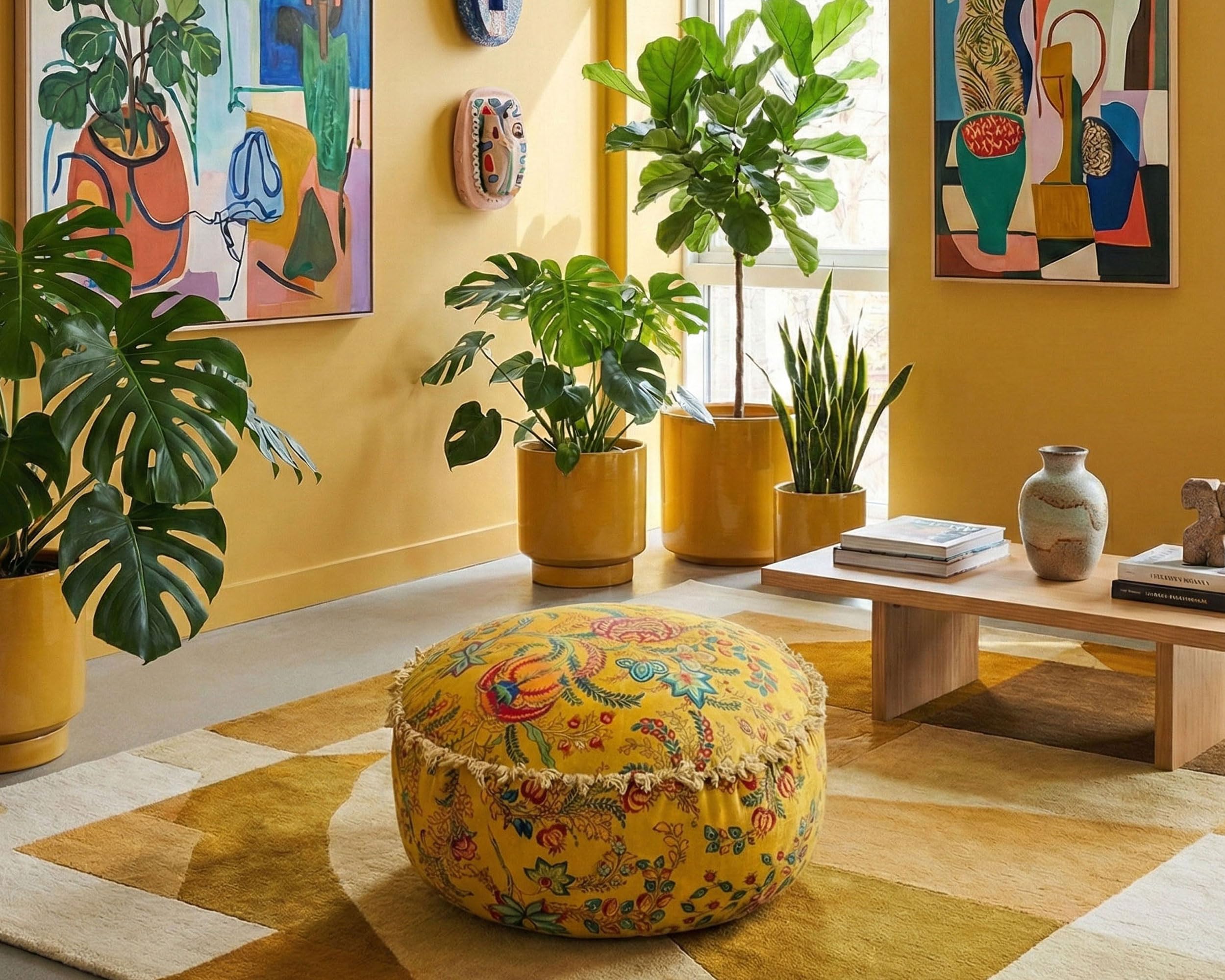 Mandala Life ART Housse de Pouf Rond Orange avec Broderie en Velours - Coussin de Sol Doux brodé au Design marocain, 60 cm de diamètre, idéal pour Le Salon, la Chambre ou la Salle de méditation