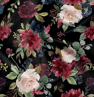 Soimoi Valvet Black Fabric - by The Yard - 58 Inch Wide - Leaves & Floral Bunch Floral Material - Wholesome and Nature-Inspired Prints for Stylish Projects Printed Fabric
