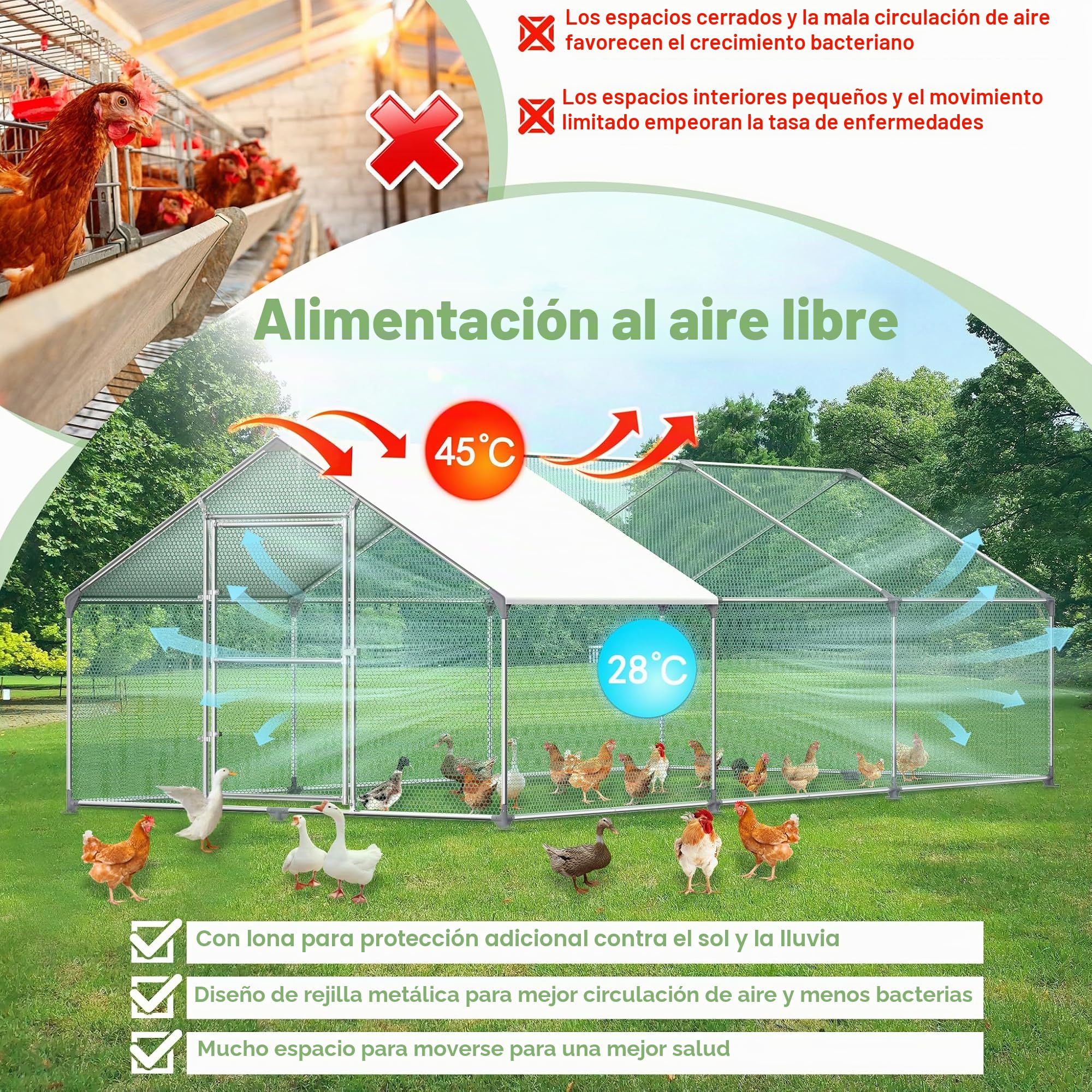 UISEBRT Gallinero de 3 x 2 x 2 m, cercado exterior, con techo de protección solar de polietileno, jaula para gallineros con cerradura, marco de acero galvanizado, jaula para mascotas
