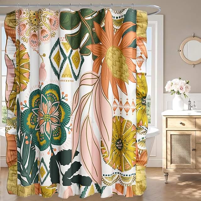 Boho Floral Fabric Shower Curtain Set Colorful Abstract Botanical Ruffle...