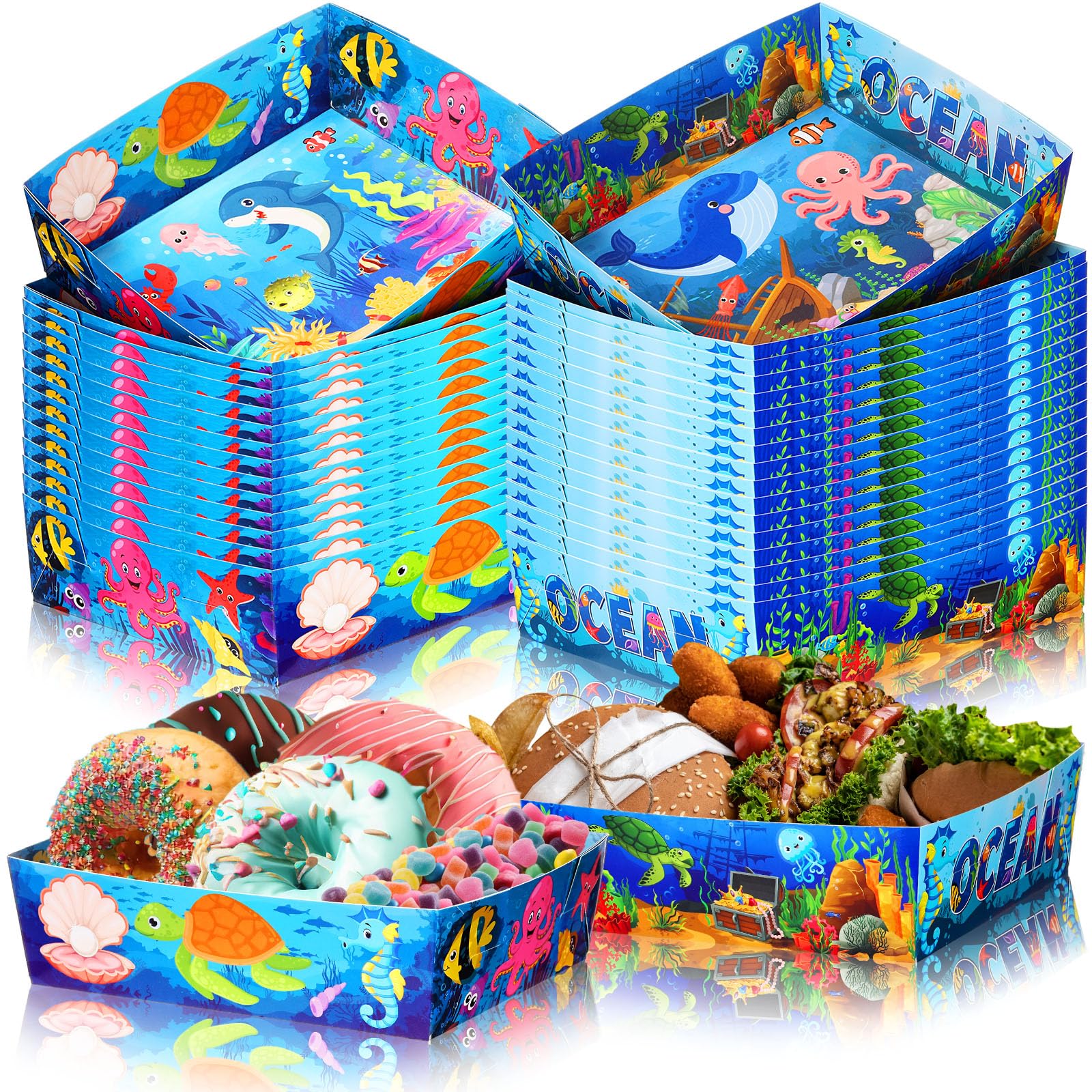 Mifoci 36 Pcs Under the Sea Theme Birthday Party Supplies 5 lb Large Paper Food Trays Nacho Boats Disposable Ocean Sea Animal Snack Tray for Beach