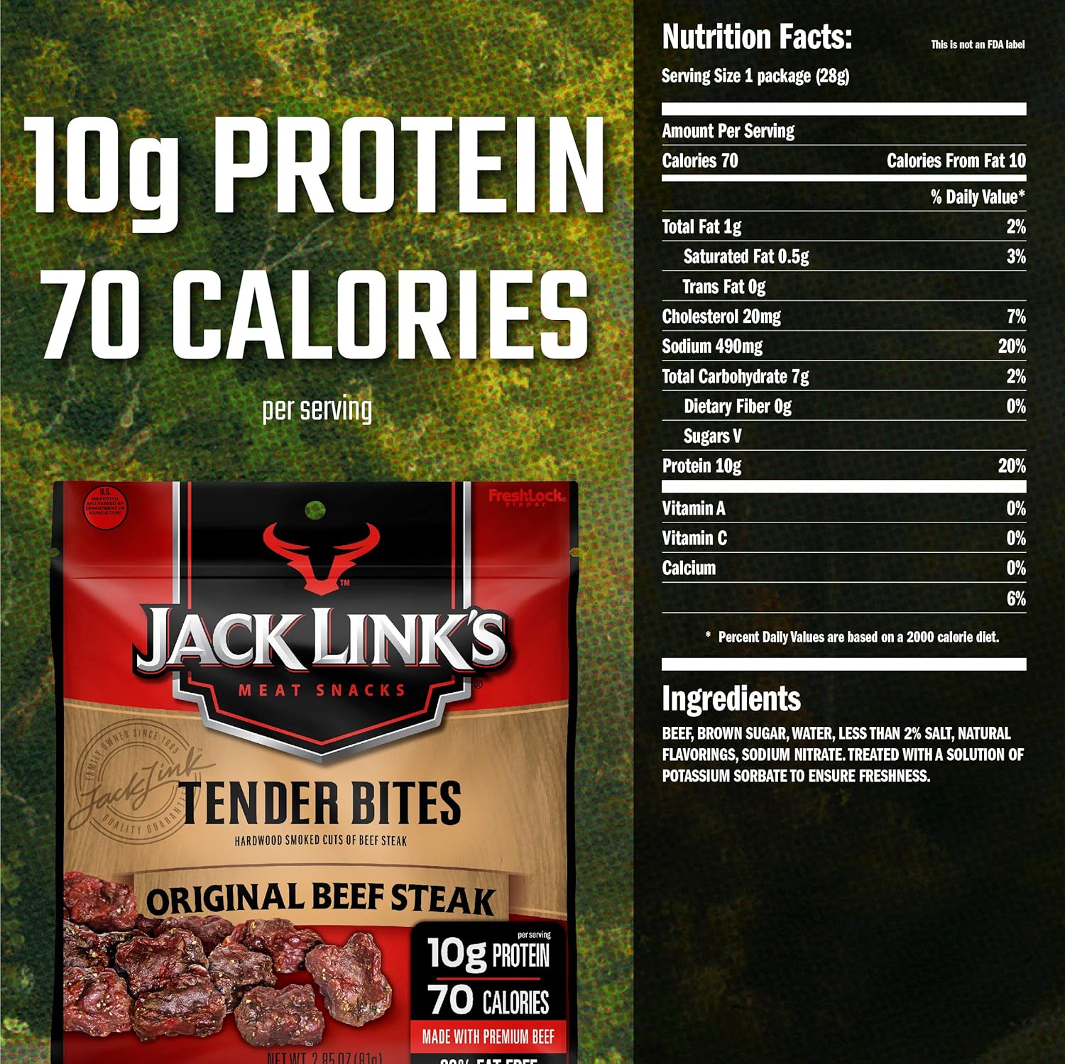 Jack Link’s Beef Tender Bites, Original Beef Steak, 2.85 oz Bag, Pack of 2 – On-the-Go, Poppable Meat Snack, Good Source of Protein, Made with 100% Beef, 10g of Protein Per Serving