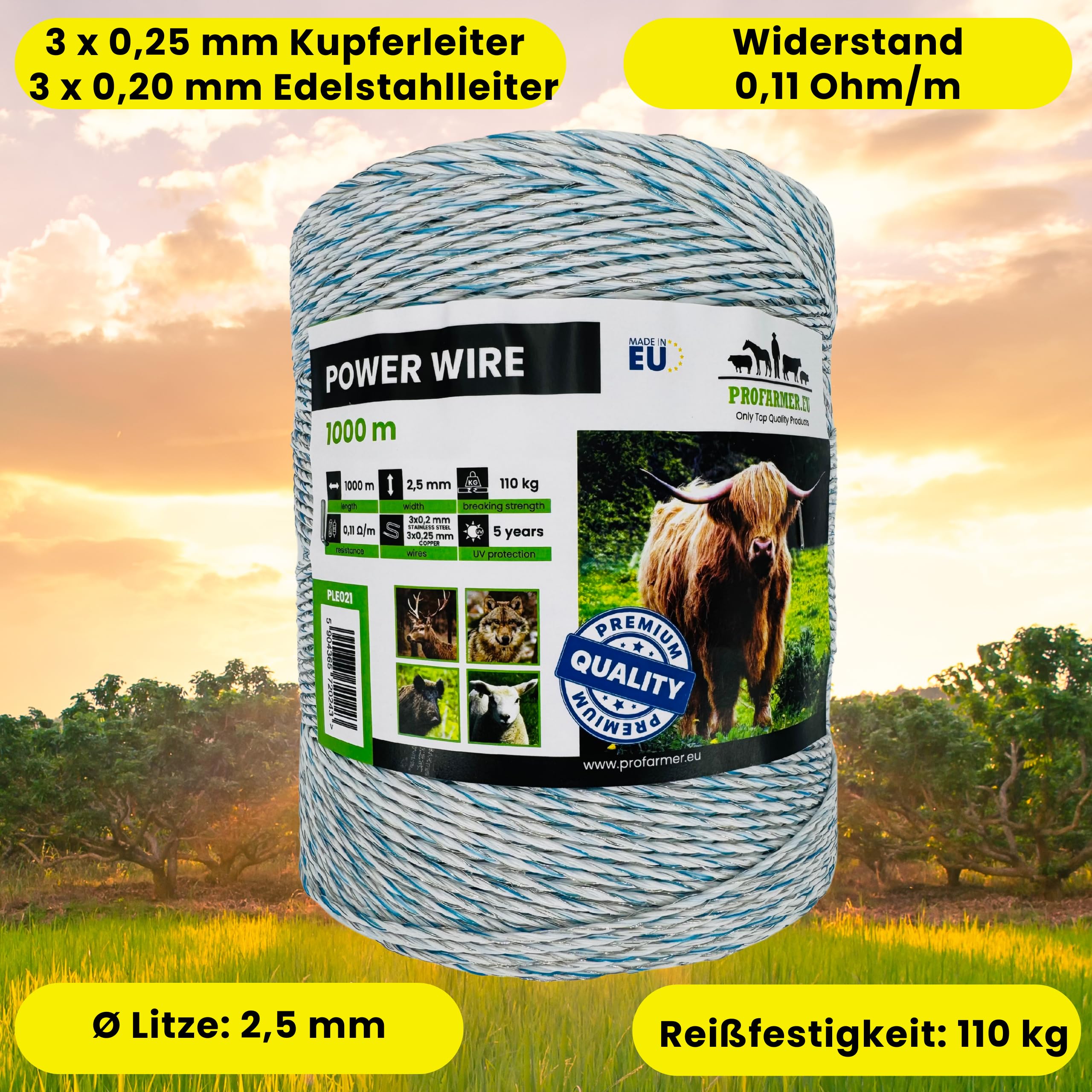 Weidezaunlitze 1000 m Power für sehr lange Weidezäune mit Kupferleiter Wildschwein Hirsch Rind Schaf