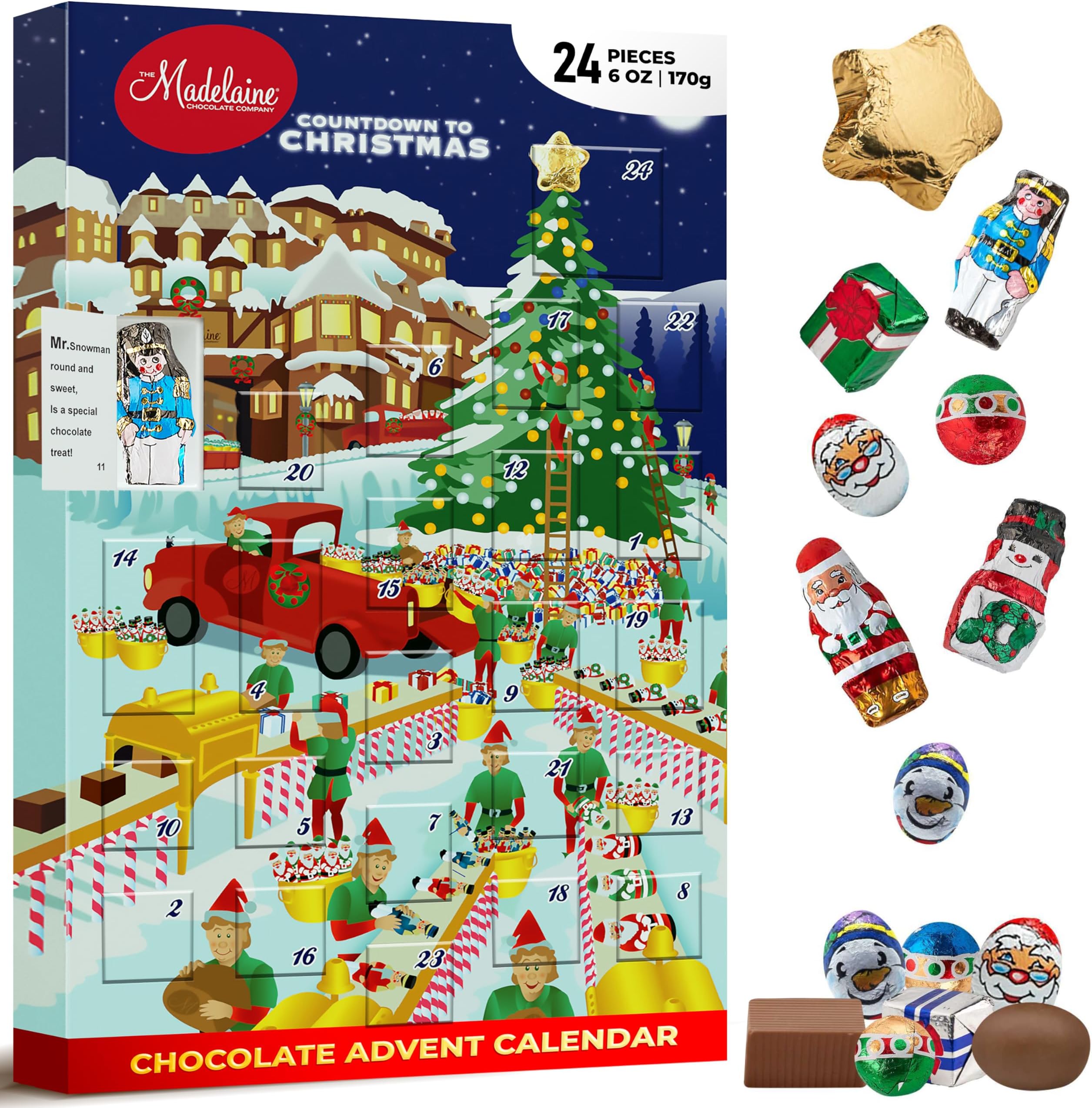 Madelaine Solid Premium Milk Chocolate Santa's Workshop 2025 Countdown Christmas Advent Calendar With 24 Solid Premium Milk Chocolates, 6oz