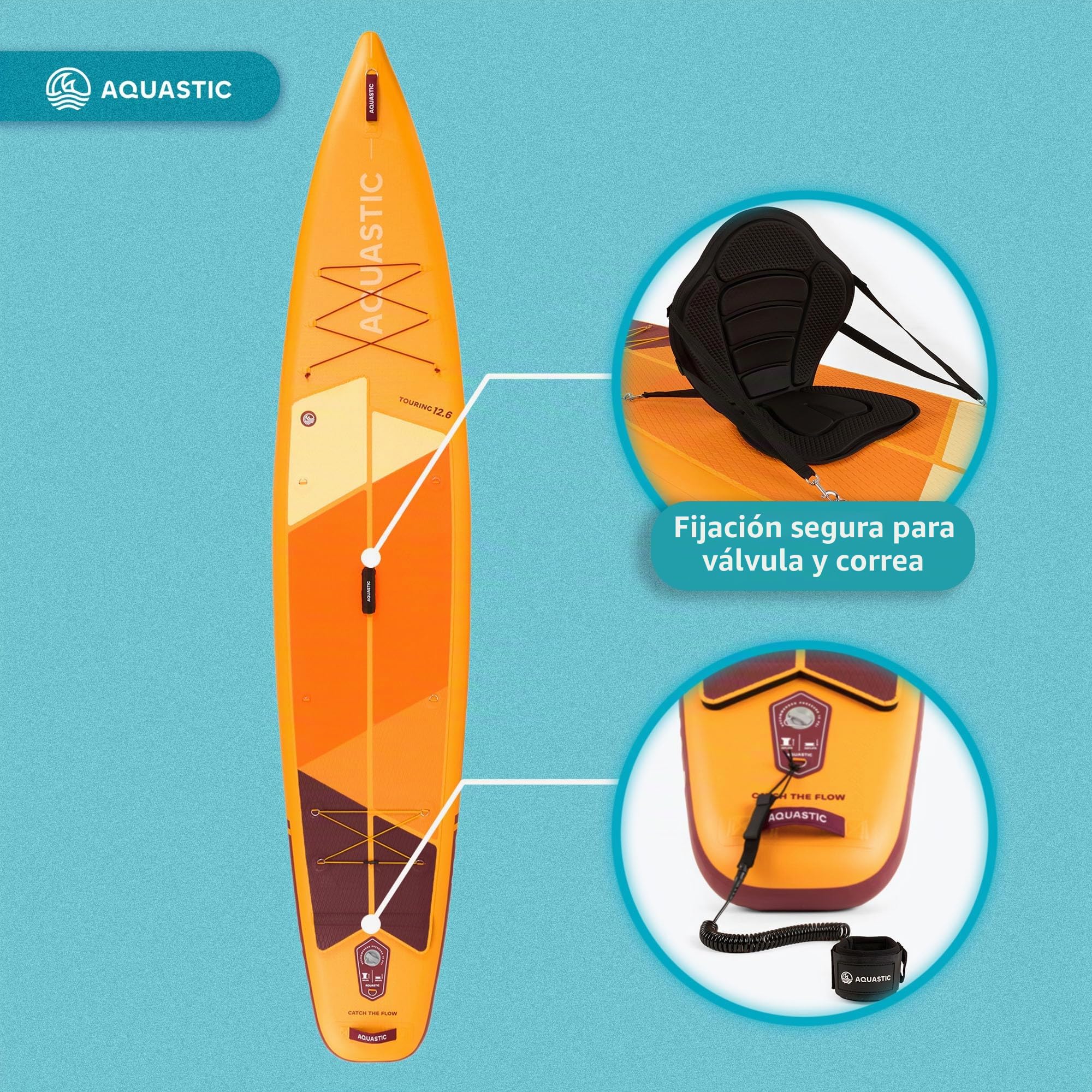AQUASTIC Tabla de SUP hinchable Touring de 12'6 pulgadas, perfil Touring, Drop Stitch Lite + rigidez y ligereza, PVC de una capa de 2600 g/m², 381 x 76 x 15 cm, cilindrada de 355 l, capacidad de carga | 381 x 76 x 15 cm, 355 l, hasta 165 kg, con remo 2 en