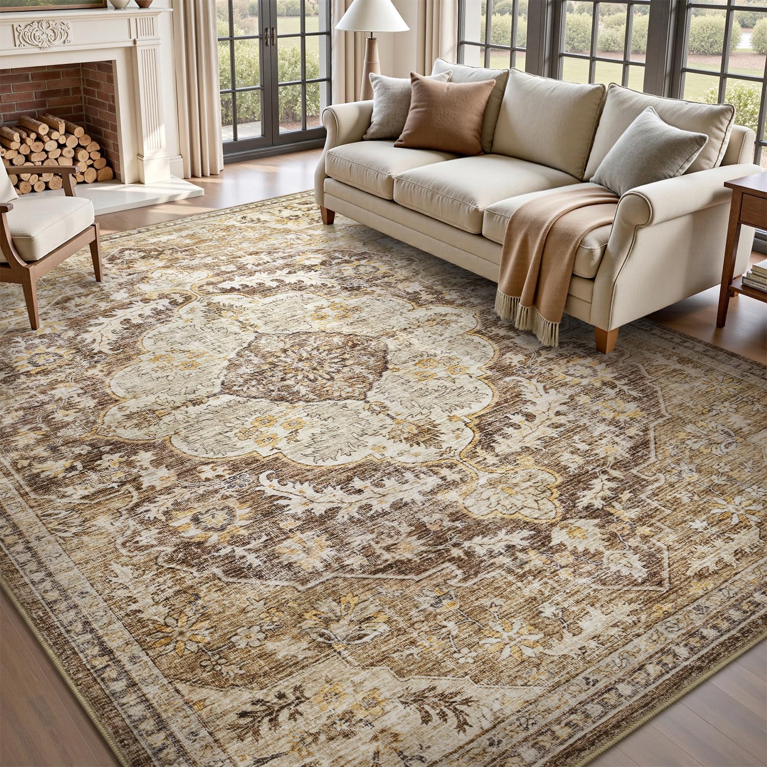 tchdio 8x10 Area Rugs for Living Room, Vintage Non Slip Washable Rug, Soft Low Pile Area Rug Large Floor Indoor Carpet for Bedroom, Dining Room,