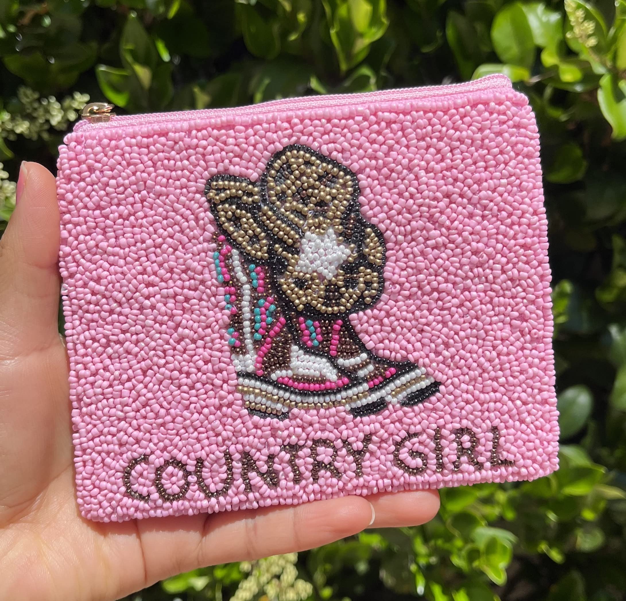 TWINE AND LOVE Pink Cowgirl Beaded Coin Purse