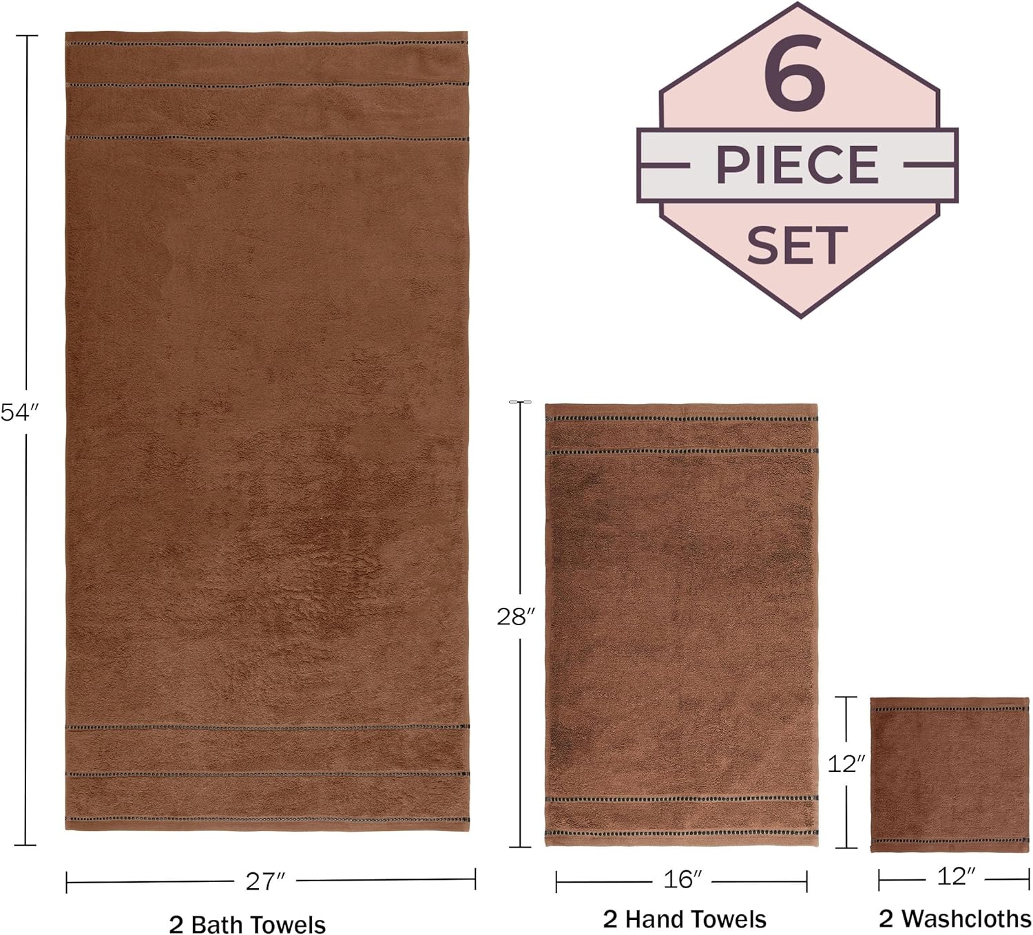 Lavish Home 6 Piece Bathroom Towels Set - 525GSM 100% Cotton Bathroom Essentials - 2 Bath Sheets, 2 Hand Towels, and 2 Wash Cloths for Bath, Shower, Gym, Spa, and Dorm Room (Chocolate)