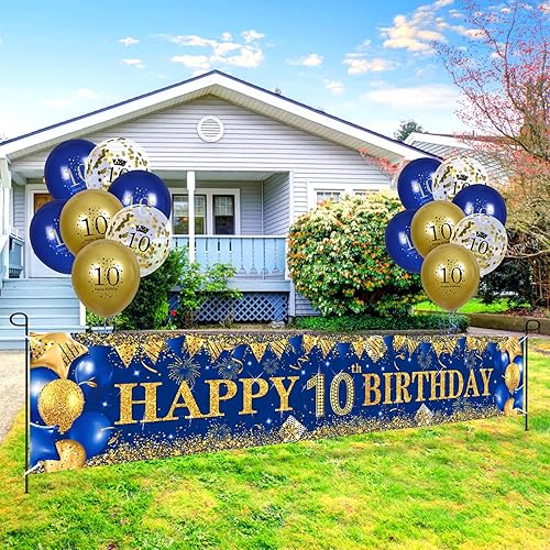 Miniatura 3 de Decoraciones de cumpleaños número 10 para niños pequeños, niños y niñas, azul marino y dorado, pancarta de fiesta de feliz cumpleaños de 18 piezas