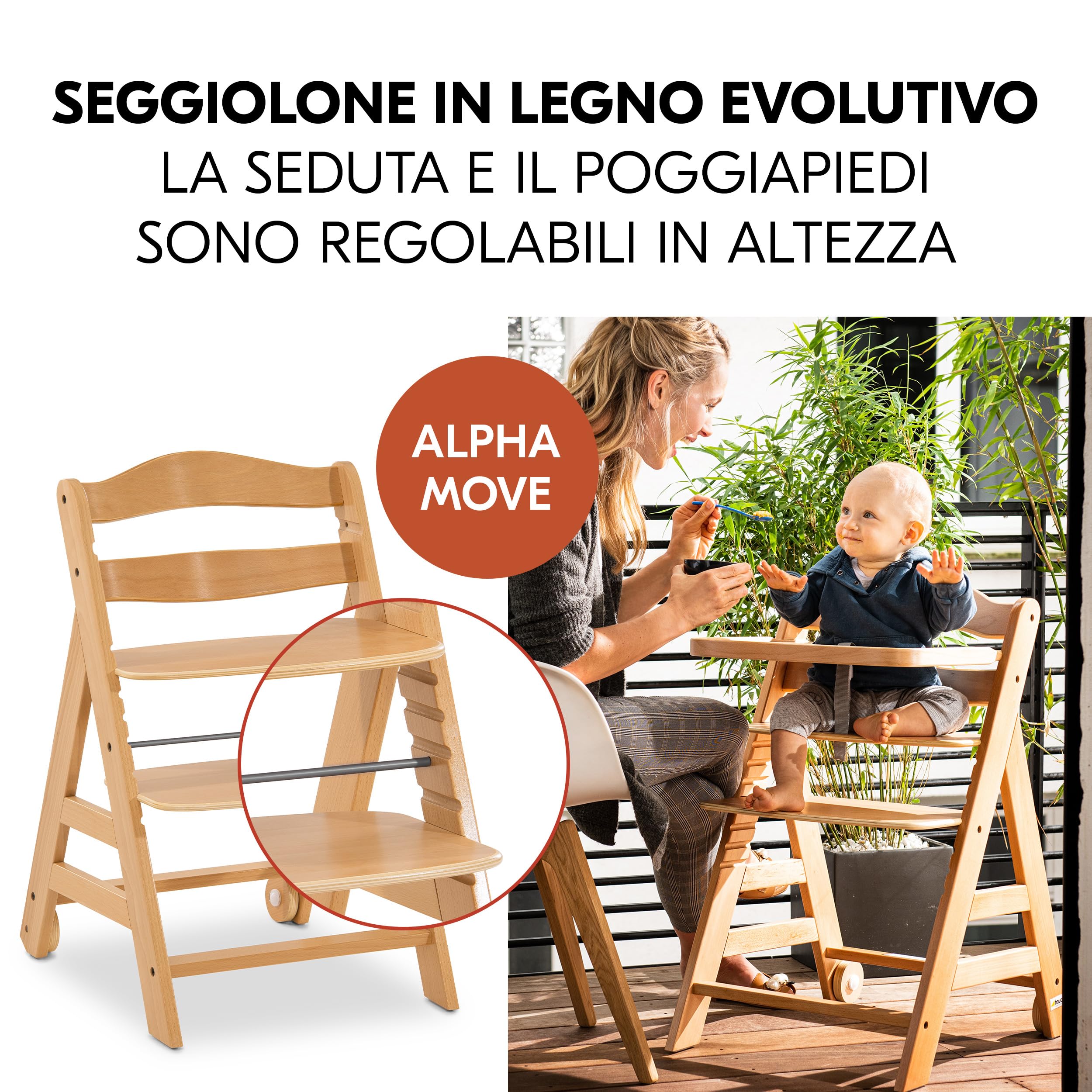 hauck Seggiolone Set Alpha+ Move - Sedia Evolutiva Legno con Ruote, Vassoio e Cuscino - 2 Piatti in Silicone - Legno/Mint