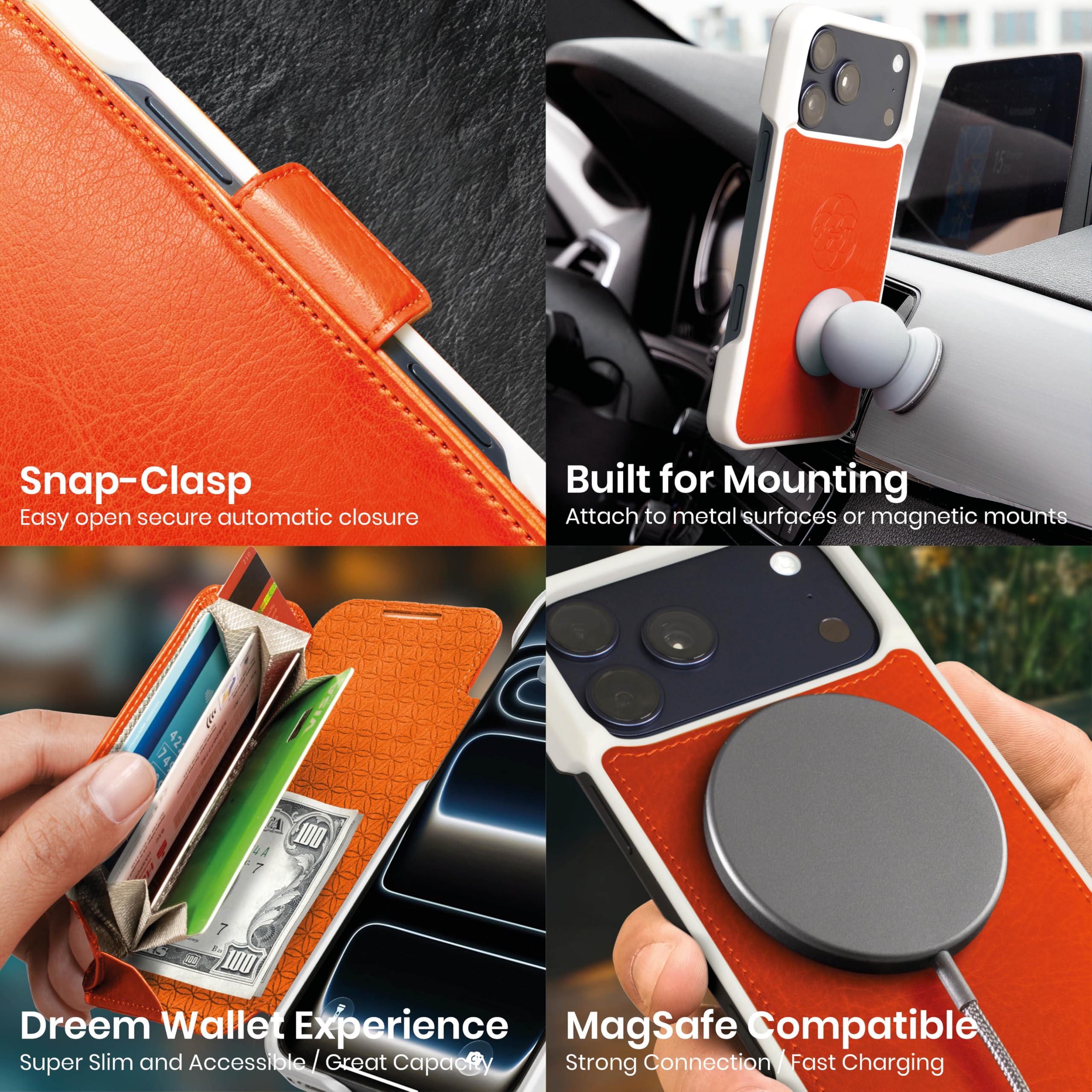 dreem Funda Cartera para iPhone 17 Pro MAX, Soporte revolucionario, Piel Vegana, Compatible con MagSafe, Tapa magnética removible, Bloqueo RFID, Caja de Regalo [Fibonacci:Orange]