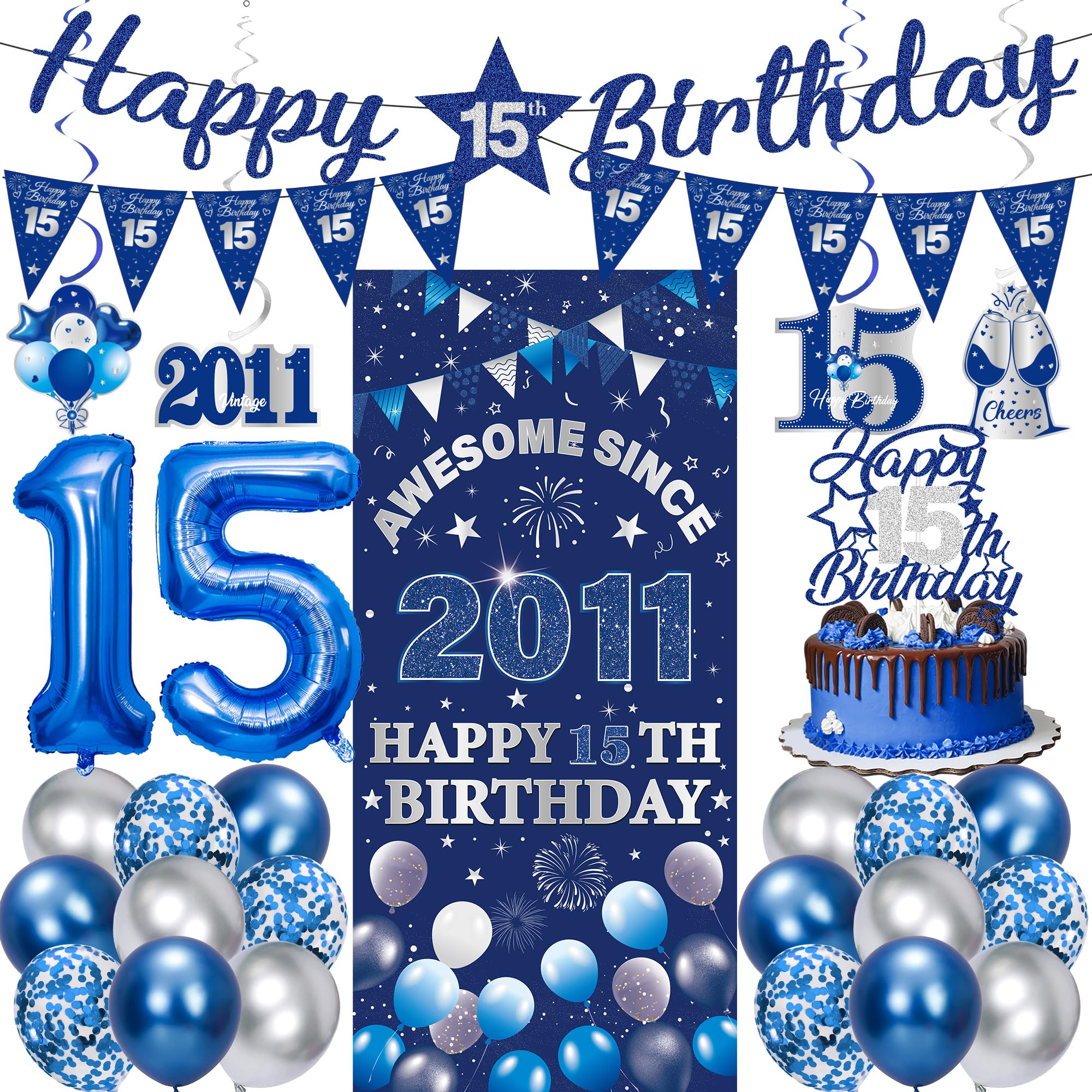 15th Birthday Decorations Boys Girls - 27 Pcs Blue Silver Happy 15th Birthday Banner Triangular Flag Hanging Swirls Backdrop Cake Topper 15 Balloon Set for 15 Years Old Party Decoration Supplies