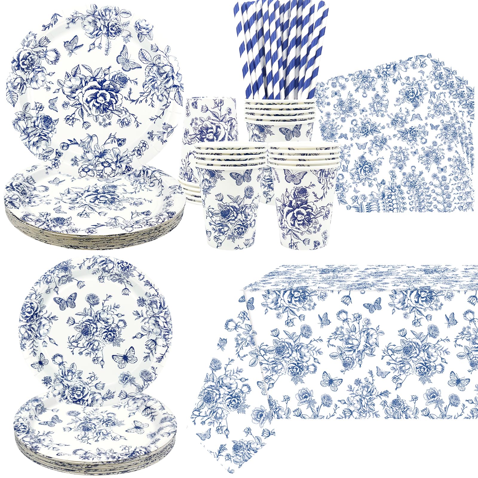 Décoration de fête florale bleue et blanche avec assiettes, gobelets, serviettes, nappes, pailles, pour anniversaire, mariage, chinoiserie pour 20 personnes