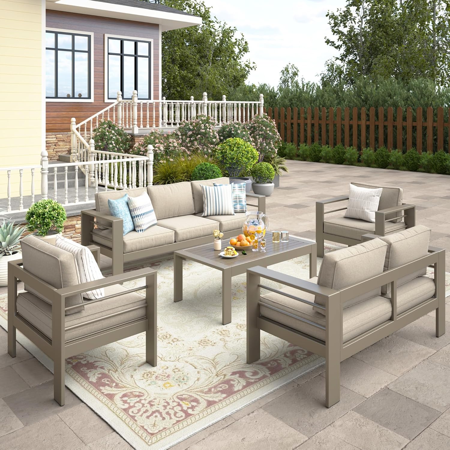 Wisteria Lane 5-Piece Outdoor Patio Furniture Set, Outdoor Sectional Furniture with Upgraded Cushions, Outdoor Conversation Seating Set for Balcony, Garden, Deck, Backyard, Khaki