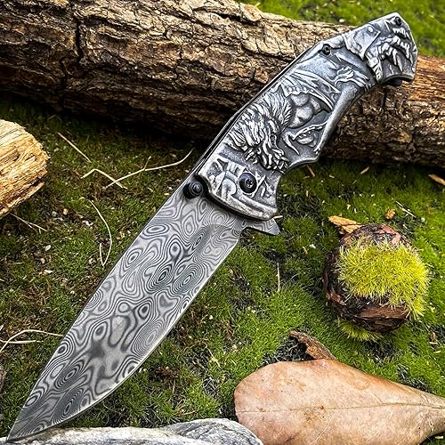 Miniatura 4 de 3D Carving Collection - Cuchillos plegables tácticos pesados de 8.2 pulgadas con hoja recubierta de titanio de 3.5 pulgadas, bloqueo de forro de