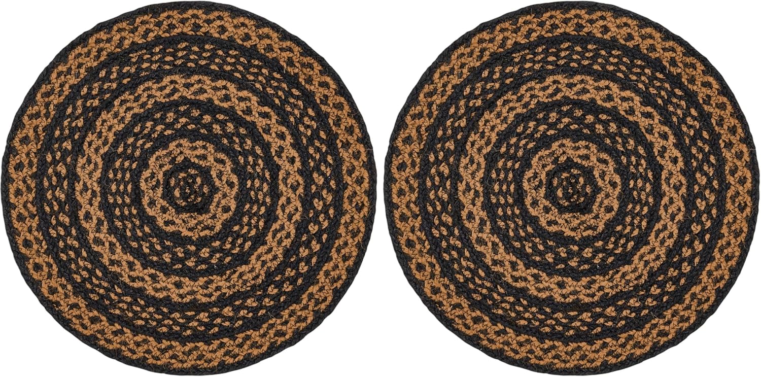 VHC Brands Black & Tan Table Mat- Pot Holder- Woven Jute Trivet, 15" Round