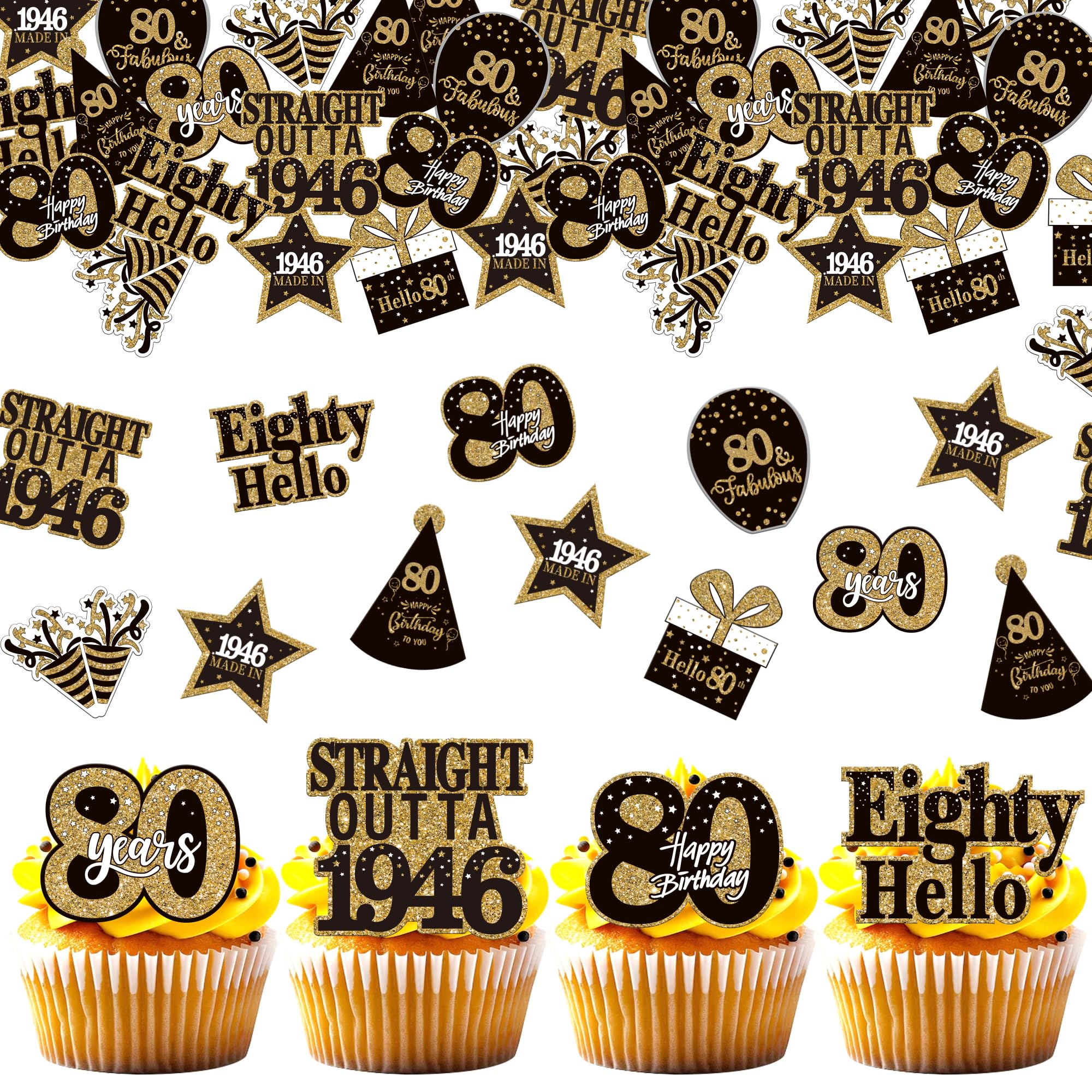 Xsstarmi 63 Pack 80th Birthday Edible Cupcake Toppers Rice Paper Straight Outta 1946 Made In 80 Hello Cupcake Picks for Cheers to 80 Years Birthday Party Cake Decorations Supplies