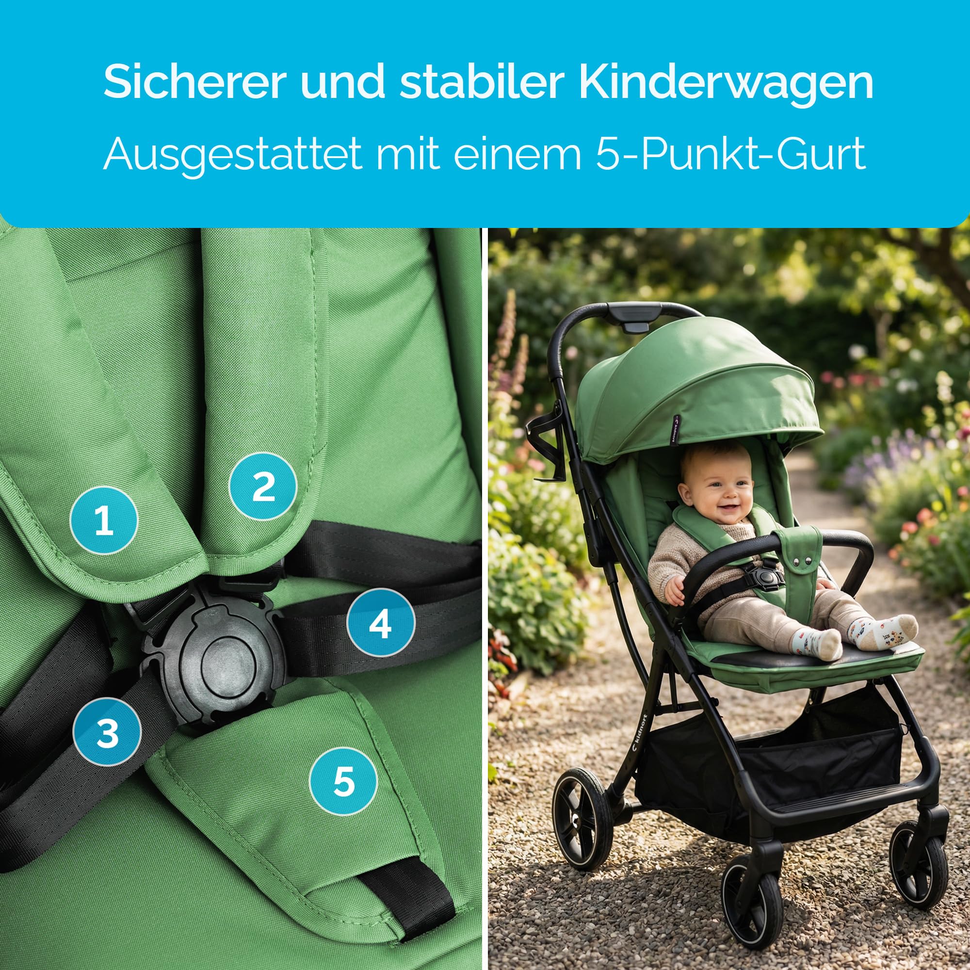Fjällräv Buggy leicht faltbar ab Geburt bis 22 kg mit Liegefunktion, 5-Punkt-Gurt, verstellbarer Rückenlehne und Fußstütze, Belüftungsfenster, Zubehörset Grün