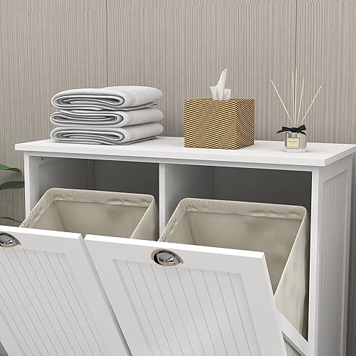 Miniatura 5 de Gabinete de cesta de lavandería inclinable con cesta extraíble, armario de lavandería doble oculto, gabinete de almacenamiento de baño de madera,