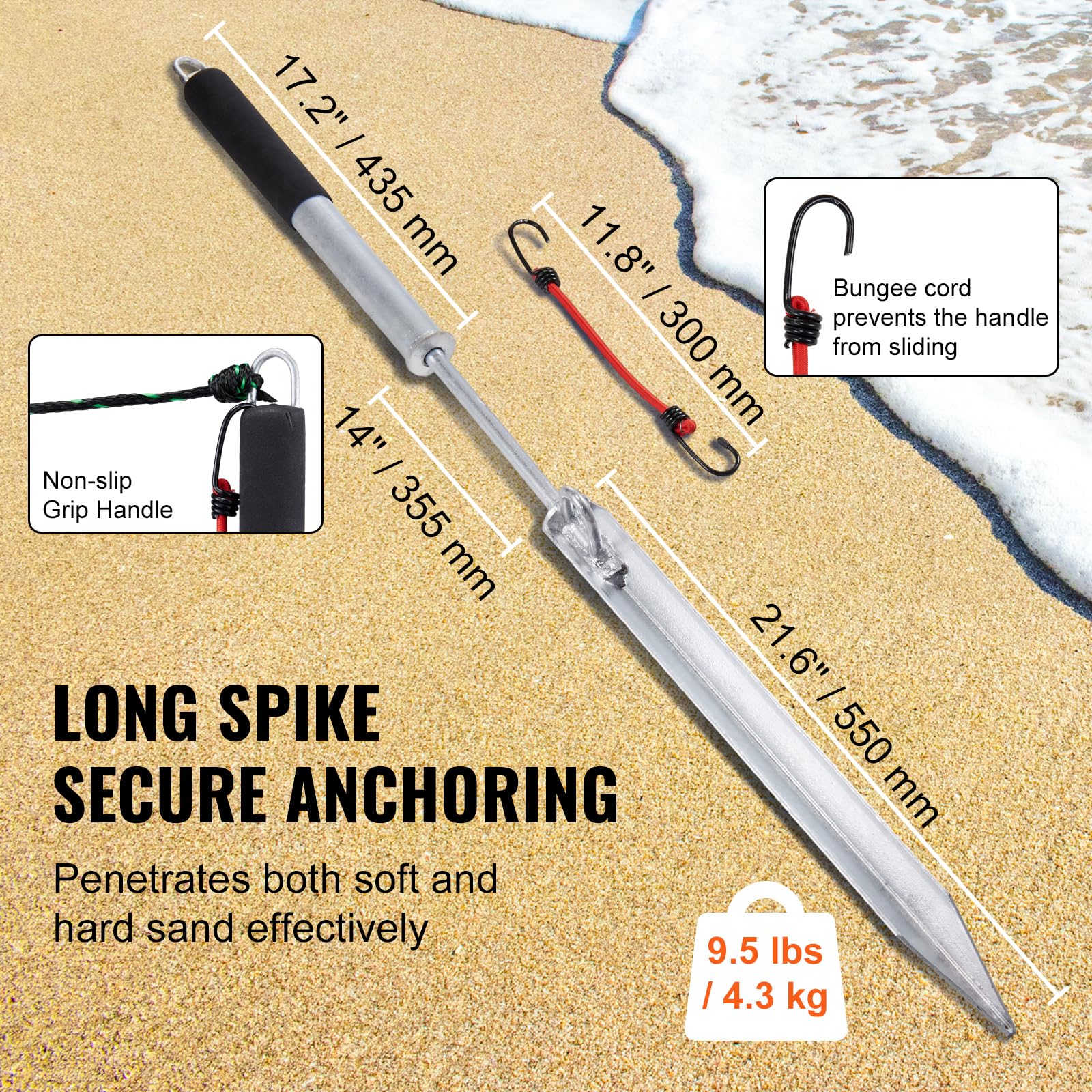 VEVOR Sand Spike Boat Anchor Pole, 36" Galvanized Carbon Steel Slide Anchor Shore Spike, Self-Hammering Beach Spike Anchor for Small Boat Jetski - Image 3