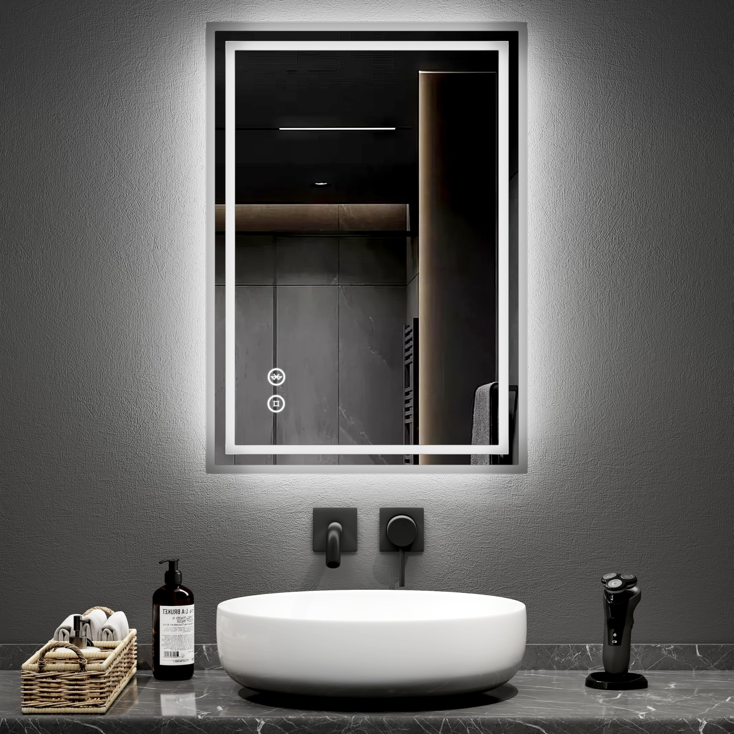 EMKE Bluetooth Bathroom Mirror with Lights and Shaver Socket, 50 x 70 cm Backlit Bathroom Mirror with LED Lights, Bluetooth Speaker/Anti-fog/Dimmable/Touch Switch, Hardwired, IP44