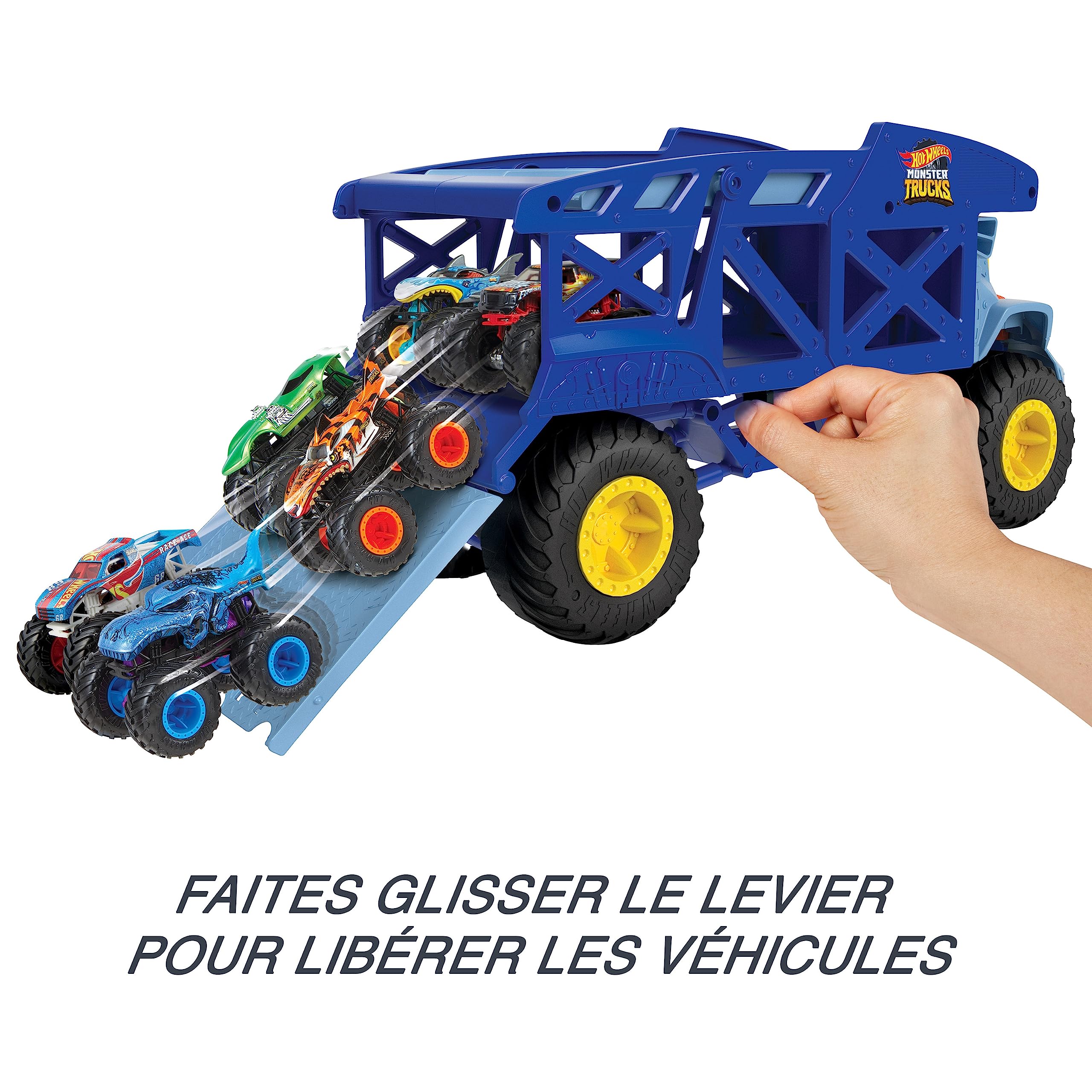 Hot Wheels Monster Trucks Camion Rhino, Transporteur pour 12 Monster Trucks Ou 32 Voitures À L’échelle 1/64, avec Rampe De Lancement, Jouet Enfant, Dès 3 Ans, HFB13