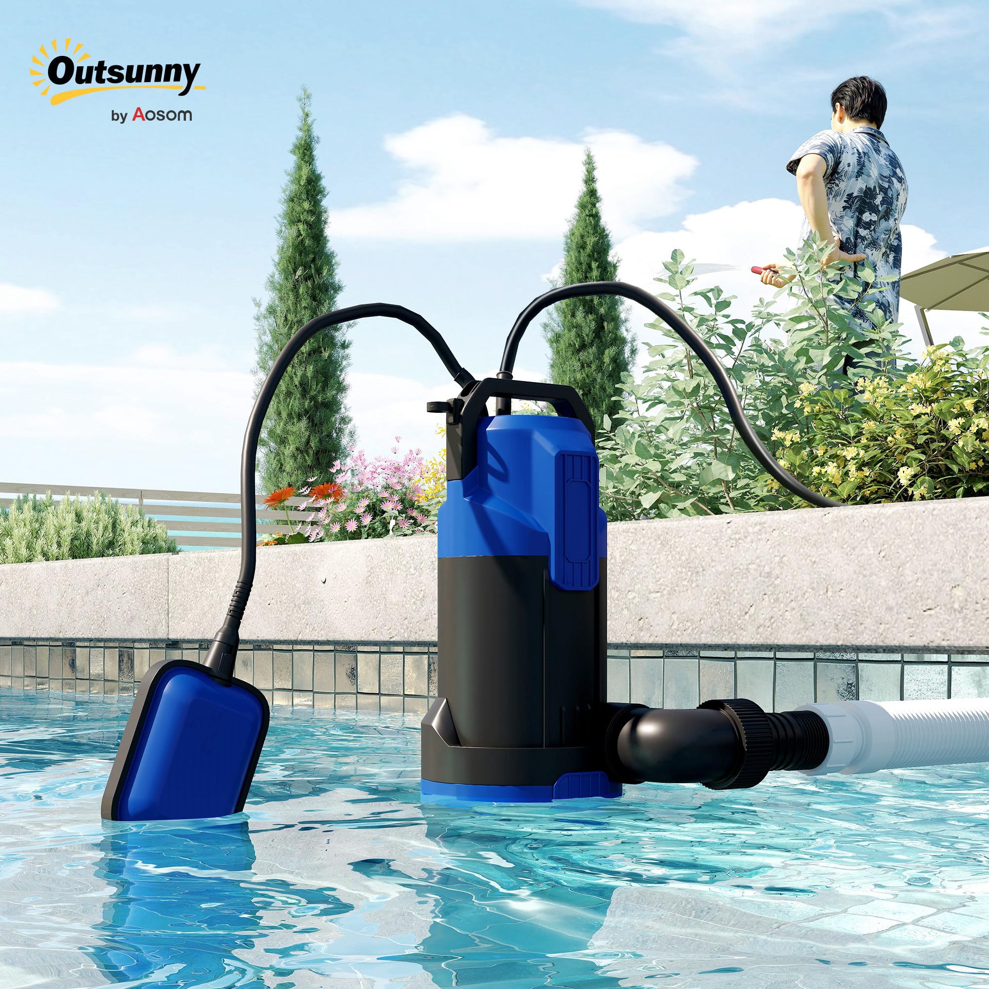Outsunny Pompe d'évacuation eaux chargées/propres 20000L/H 750W, profondeur max. 7m, Pompe de relevage eaux chargées avec interrupteur à flotteur, pour eaux sales avec particules jusqu'à 35 mm, noir