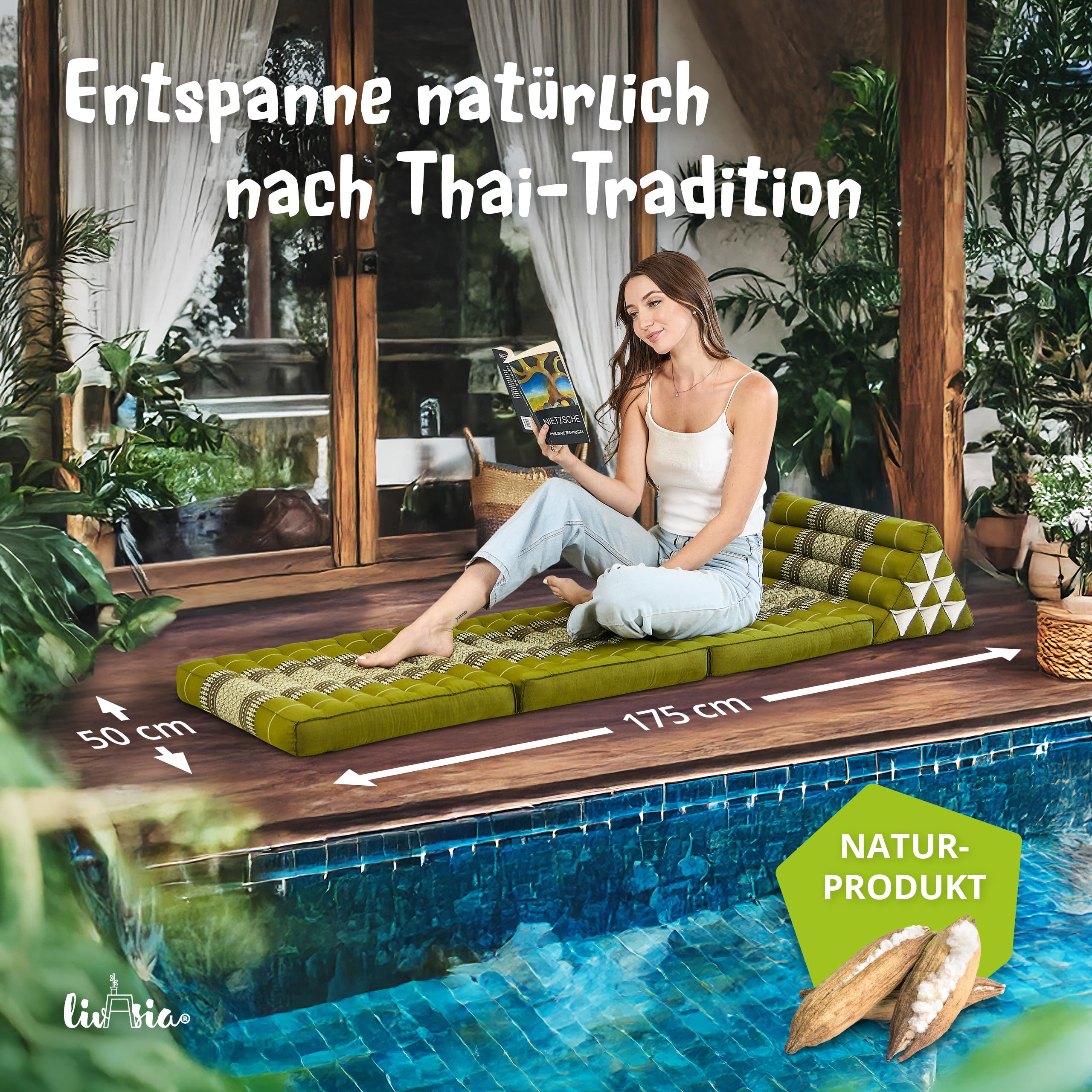 livasia Thaikissen mit 3 Auflagen - 175x50x8cm - Dreieckskissen mit Klappmatratze, Keilkissen Kapok, Rückenkissen faltbar, Thaimatte zum Klappen, handgefertigt, Meditationskissen (Grün)