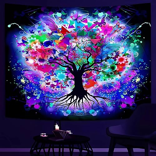 Miniatura 1 de Smacget Tapiz de árbol de la vida con luz negra, plantas reactivas a los rayos UV, pequeños tapices para dormitorio, decoración de pared hippie,