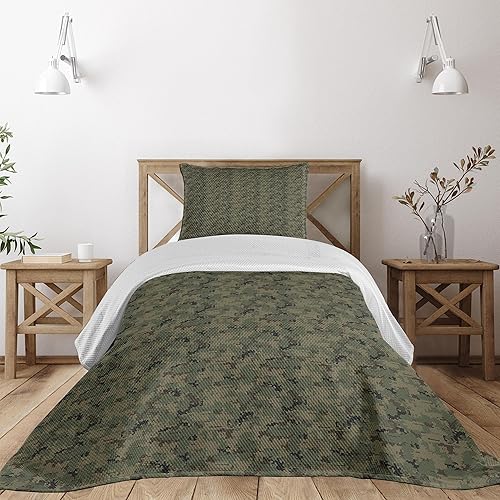 Ambesonne Colcha de camuflaje, diseño digital de píxeles con patrón de camuflaje repetitivo, juego de colcha acolchada decorativa de 2 piezas con 1