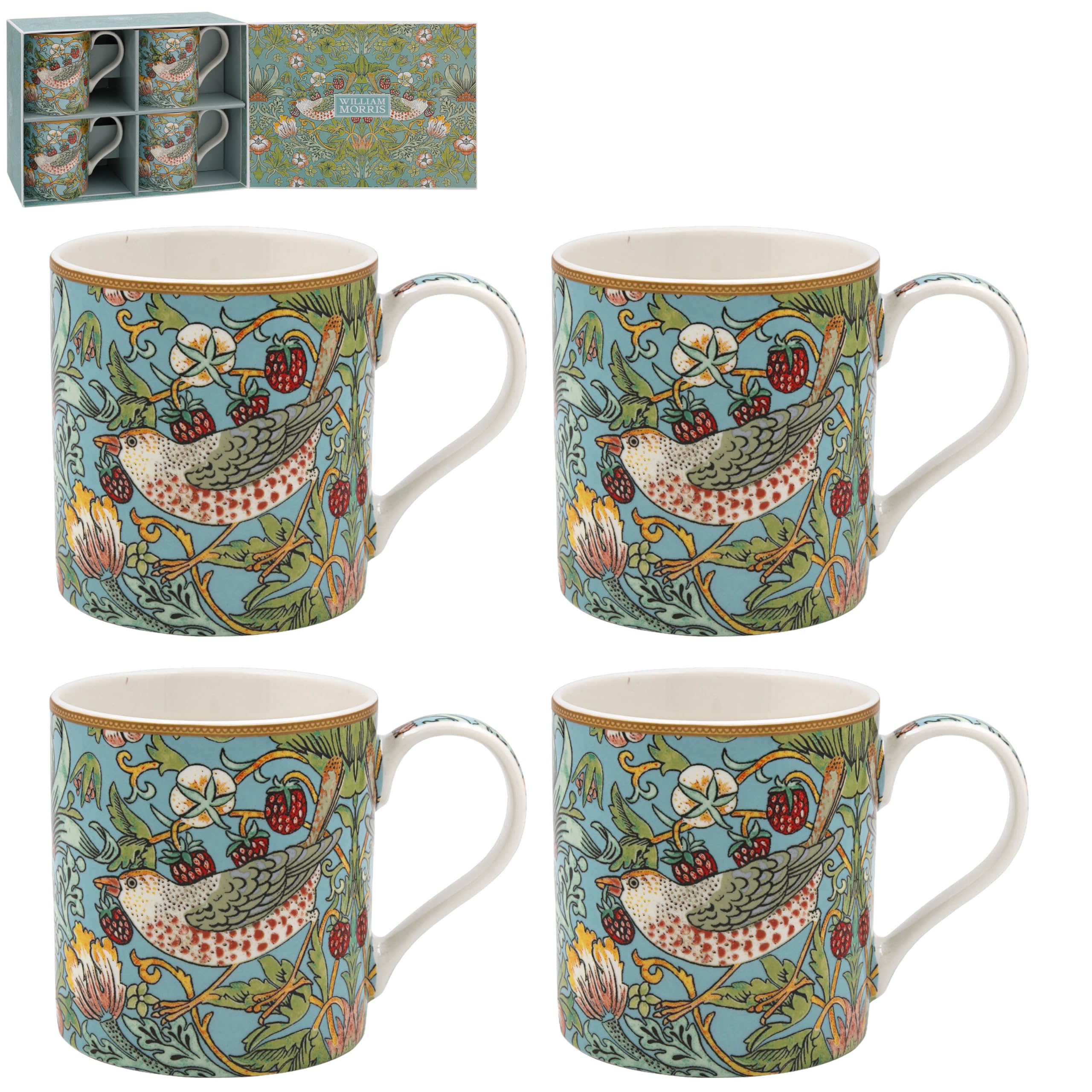 The Leonardo Collection William Morris Strawberry Thief Mugs Set 4 300ml for Coffee, Tea and Hot Drinks | Fine China Coffee Mugs for Daily Use | Practical Drinkware Gifts for Women & Men