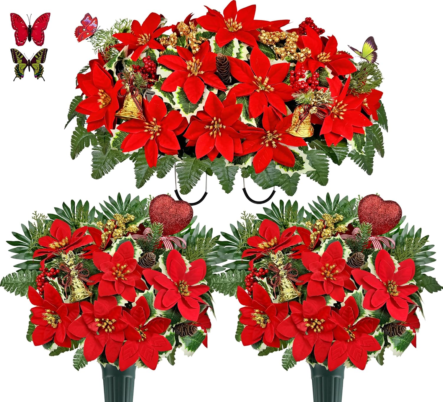 Artificial Cemetery Flowers for Christmas - Red Poinsettia Grave Flowers with Pine Cones & Bells, Fade-Resistant Headstone Flower Saddle, Easy Clip-On Decor