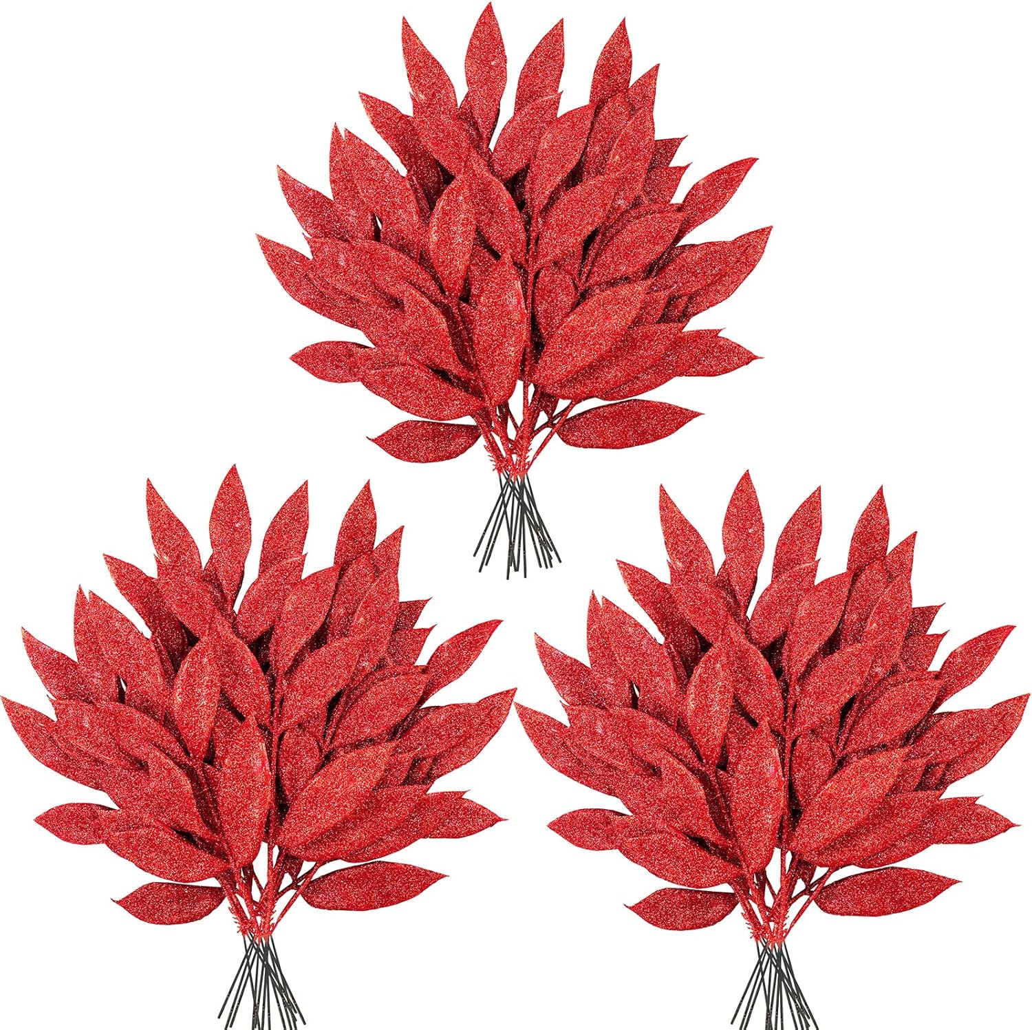Winlyn 40 Pcs Red Glitter Bay Leaf Sprays Artificial Christmas Tree Picks Sprays 12.7" Tall for Red Christmas Tree Winter Wreath Swag Floral Arrangement Wedding Bouquet Table Centerpiece Decoration