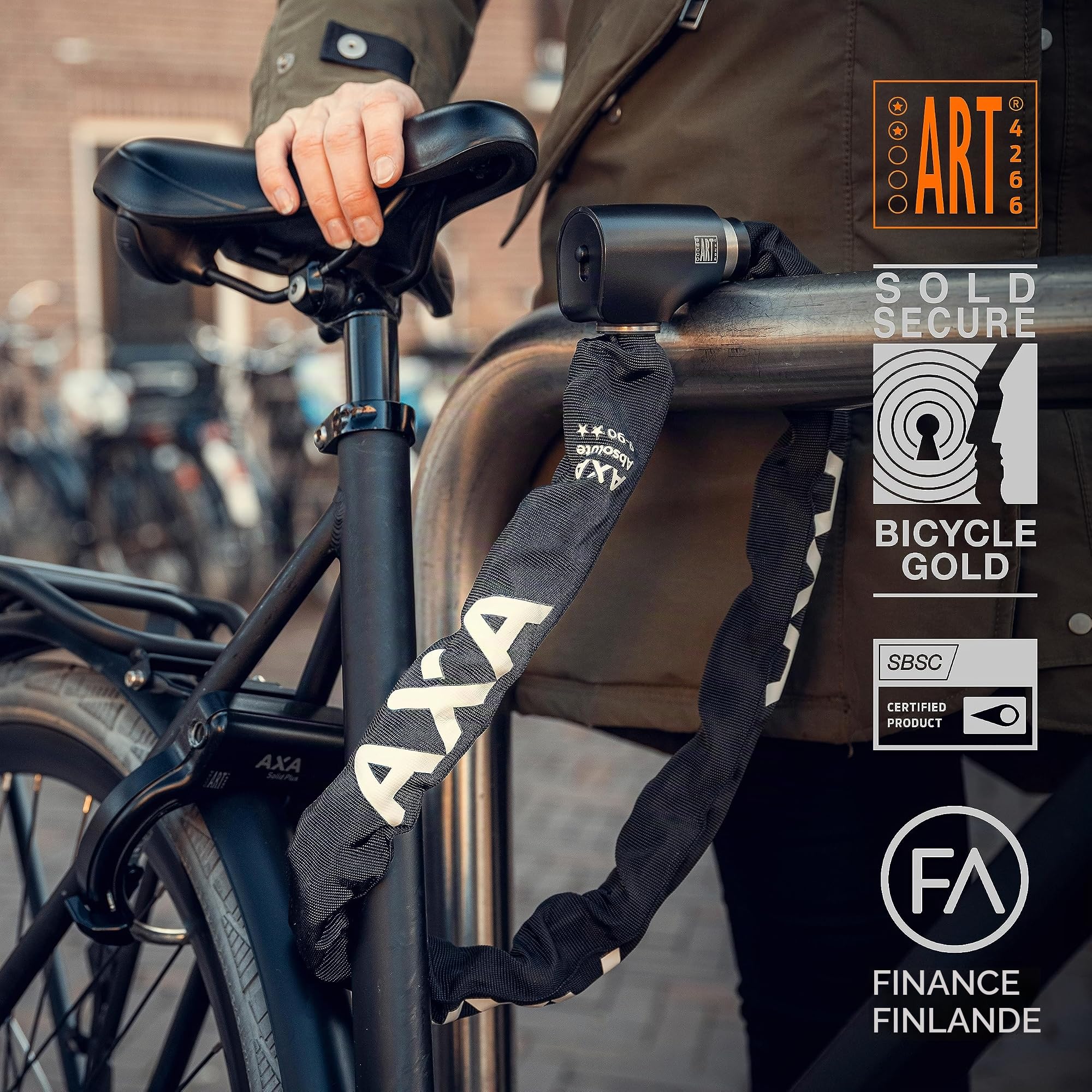 AXA Absolute 9 Antivol de vélo, Chaîne antivol, Cadenas pour vélo et scooter, Sécurité 14 sur 15, 90 cm x 9 mm, Housse en polyester noir