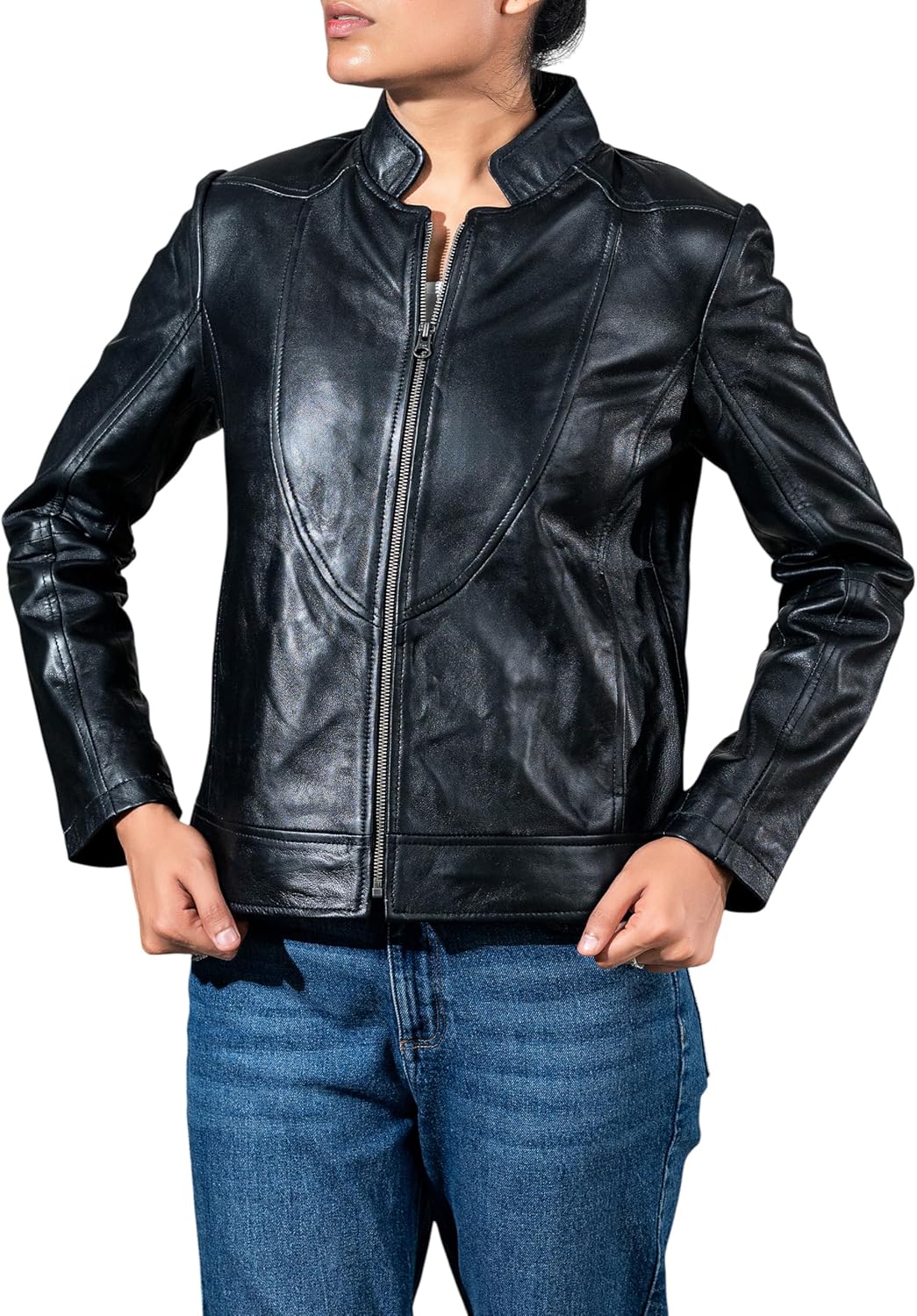 Jild Stylish Collar Casual Womens Leather Jacket - Biker Style Premium Lambskin Leather Jacket Women