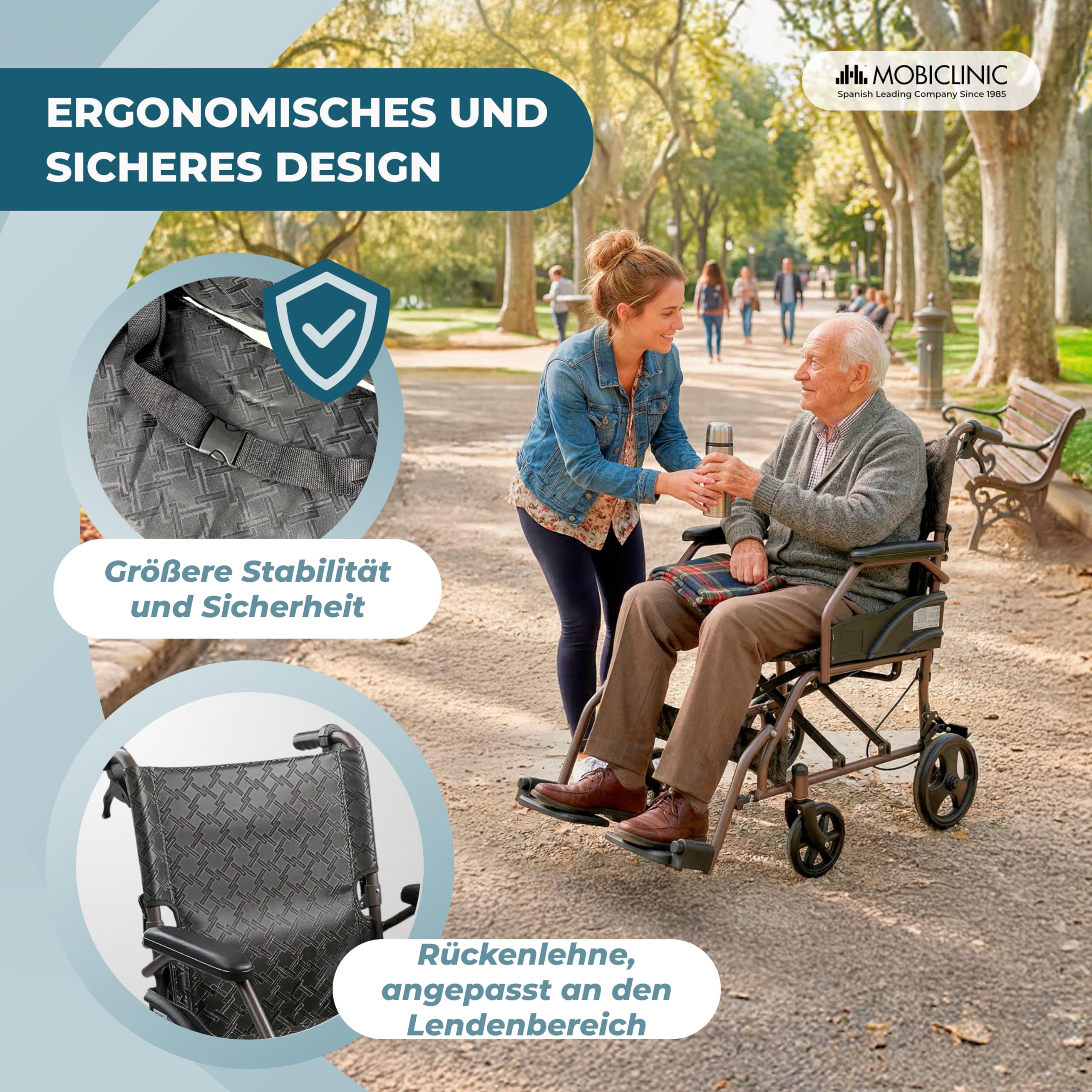 Mobiclinic®, Faltbarer Rollstuhl, mit klappbarer Rückenlehne und Fußstützen, Doppel Bremssystem, Gepolsterten Armlehnen, Stahlrahmen, Leicht und Kompakt, Kefren