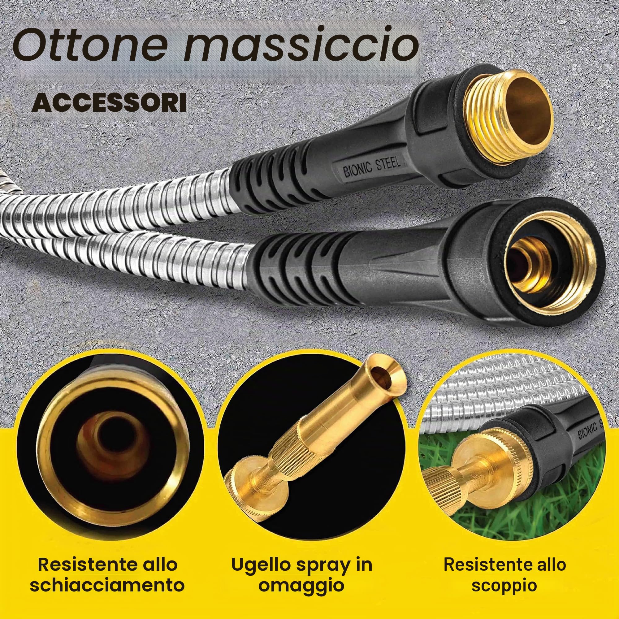Bionic Steel Tubo da giardino PRO – Tubo da giardino in acciaio inossidabile 304 da 25 piedi – resistente, leggero, senza pieghe e più forte che mai con raccordi in ottone e valvola on/off – modello